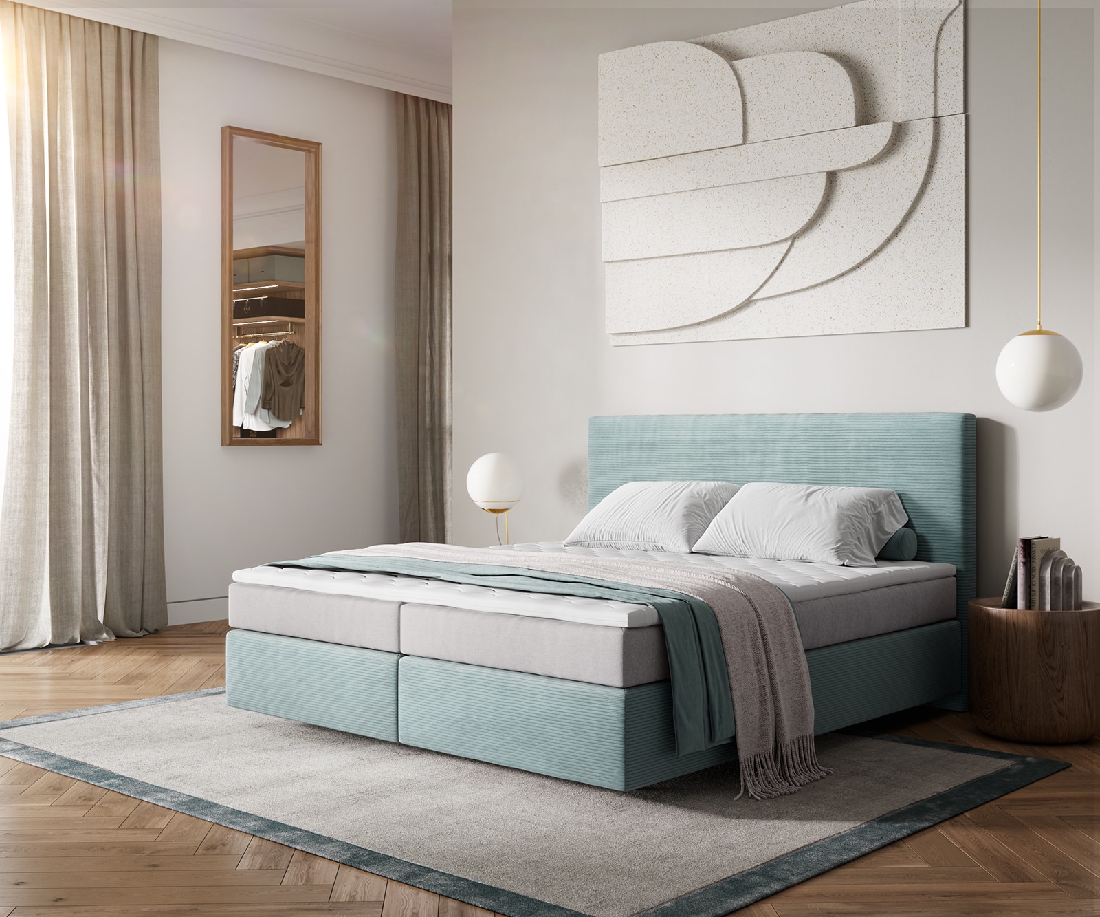 Boxspringbett Dream-Well 180x200 cm Cord Pastellblau mit Taschenfederkernmatratze und Topper Visco Boxspringbett Dream-Well 180x200 cm Cord Pastellblau mit Taschenfederkernmatratze und Topper Visco