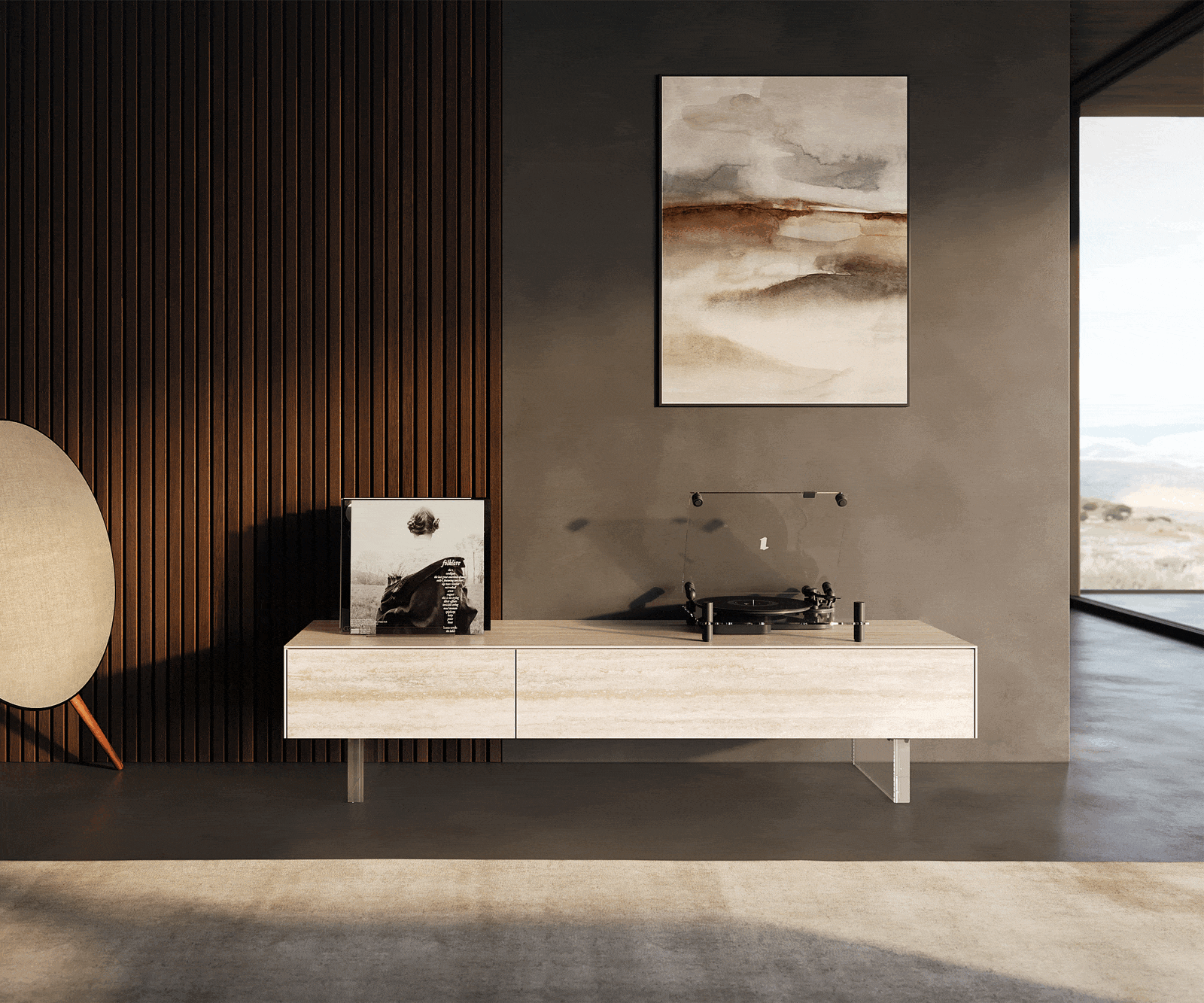 Lowboard Cuor 150 cm Keramik Laminam® Travertino Bianco Creme-Weiß 1 Klappe 1 Schubfach Fuß Schwebeoptik Acrylglas 1