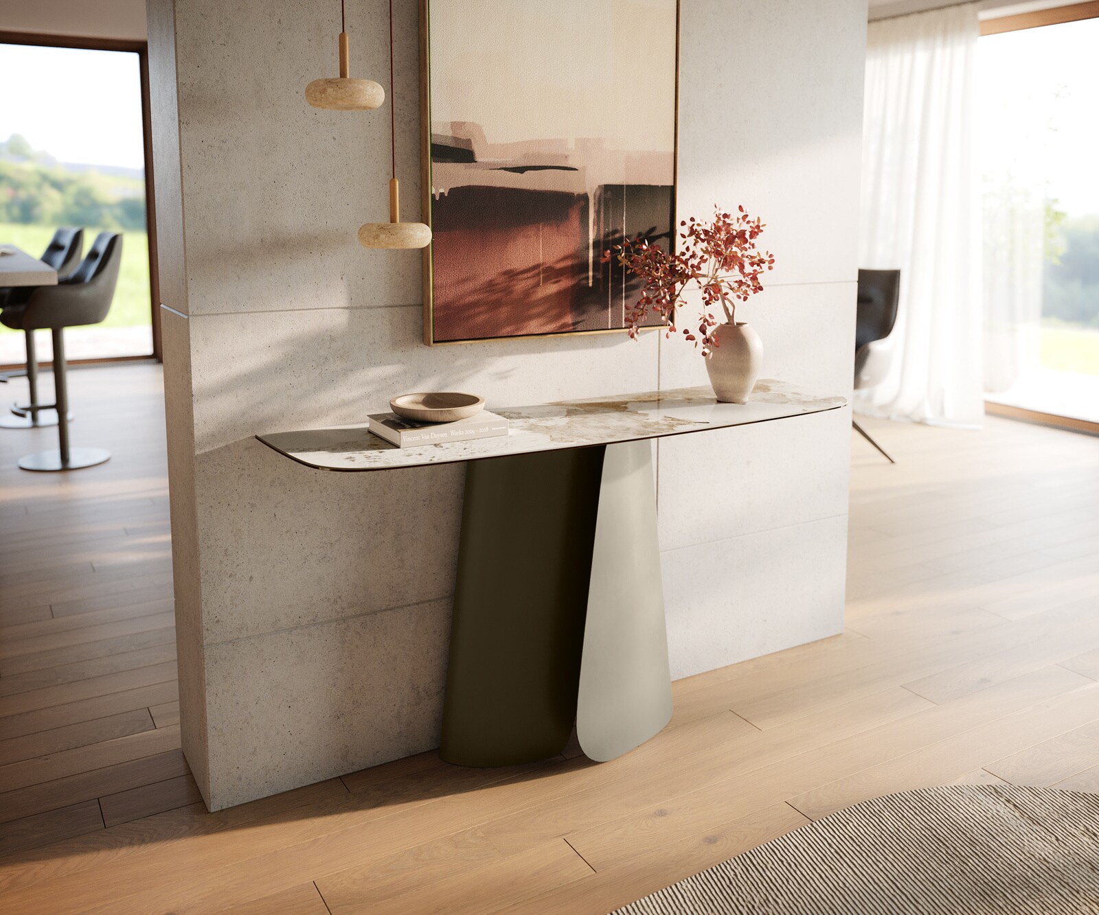 Konsolentisch Edge Boot 140x40 cm Keramik Minas Melange Weiß-Beige Livos Metall Effektfinish Titan