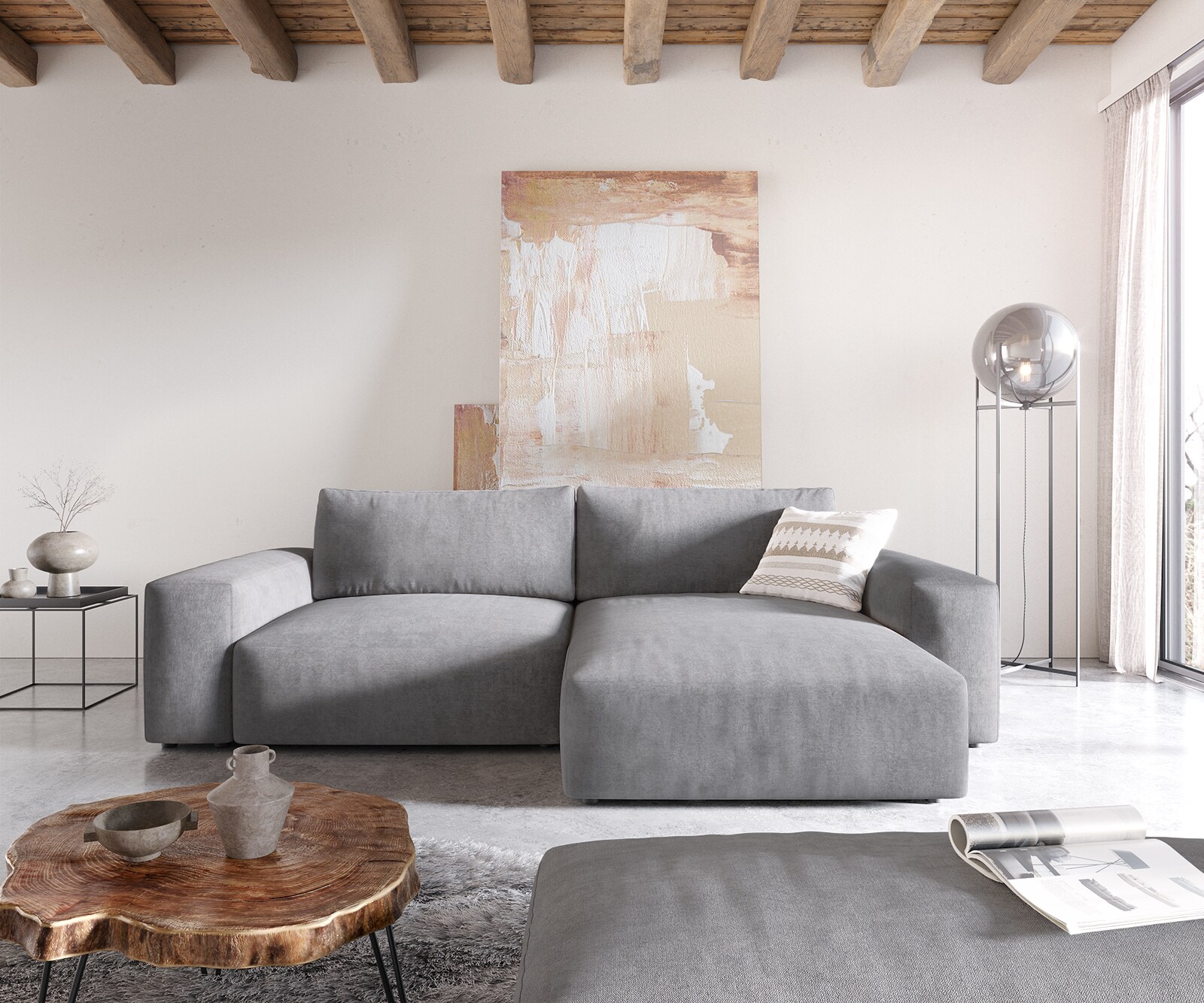 Ecksofa Lanzo XL 270x180 cm Mikrofaser Grau Recamiere variabel mit Hocker 1