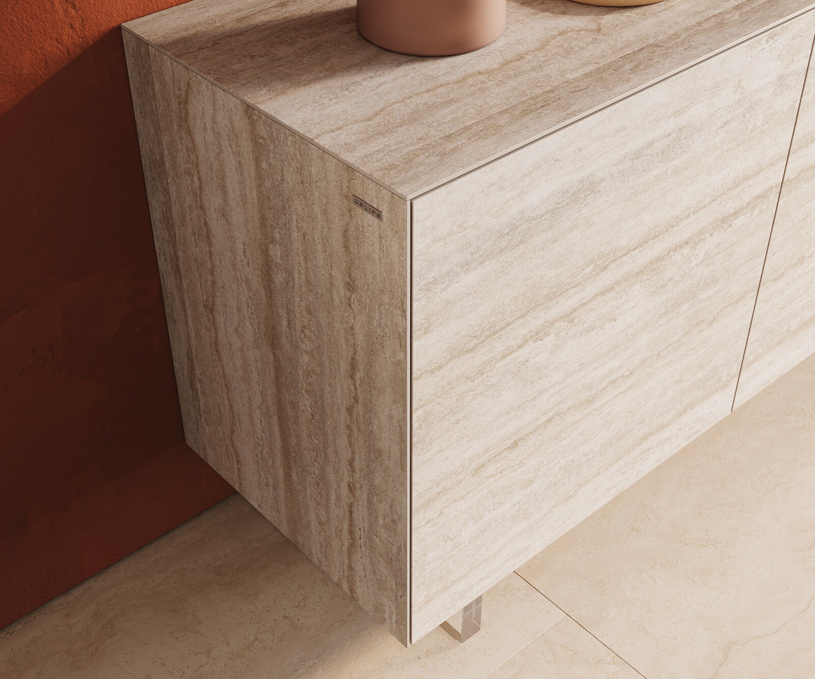 Sideboard Cuor 180 cm Keramik Laminam® Travertino Bianco Creme-Weiß 2 Türen 3 Schubfächer Fuß Schwebeoptik Acrylglas 6