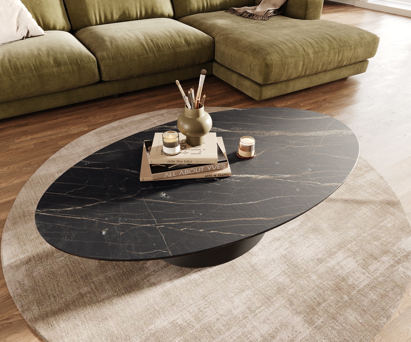 Couchtisch Edge Oval 140x80 cm Keramik Laminam® Noir Desir Braun Conis Metall Schwarz 4
