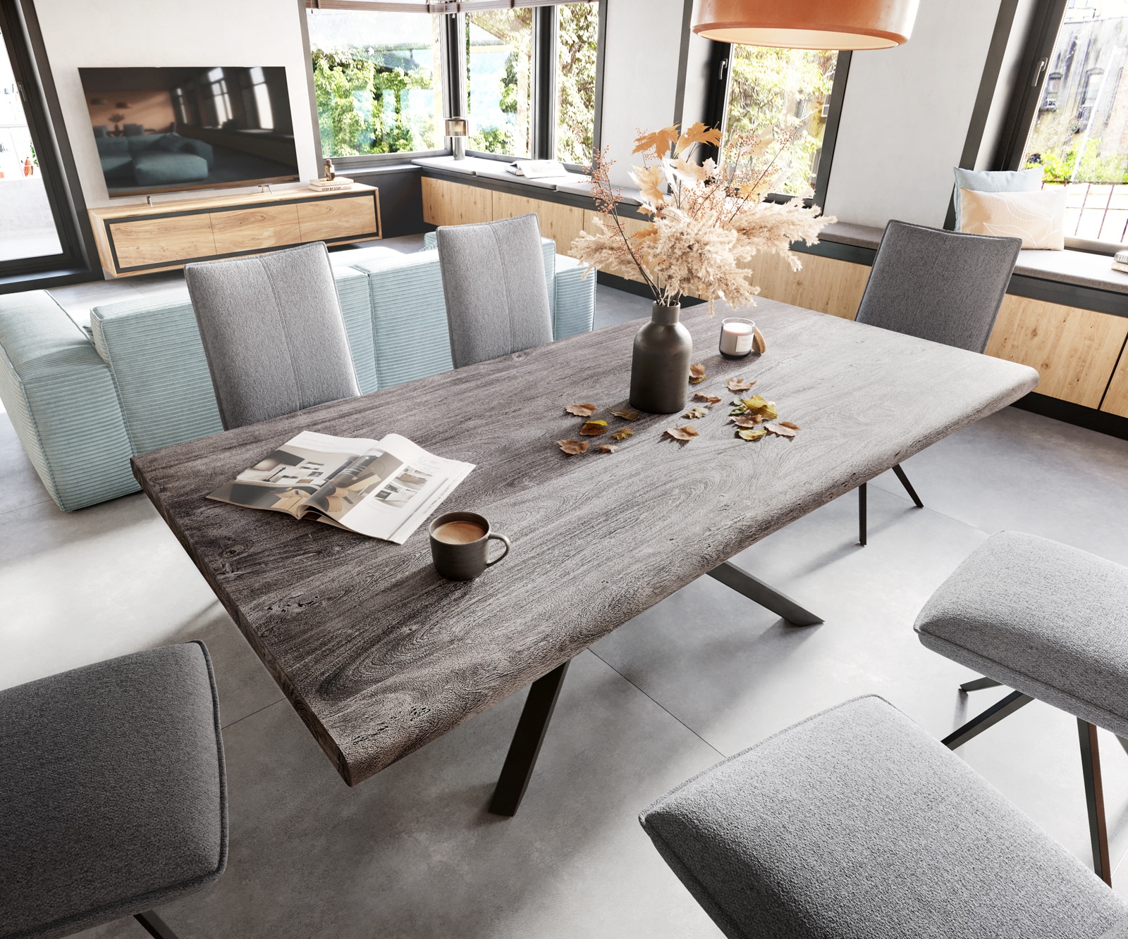 Esstisch Edge 200x100 XL Akazie Platin Kreuzgestell Rechteck Schwarz Live-Edge 3 Esstisch Edge 200x100 XL Akazie Platin Kreuzgestell Rechteck Schwarz Live-Edge 3