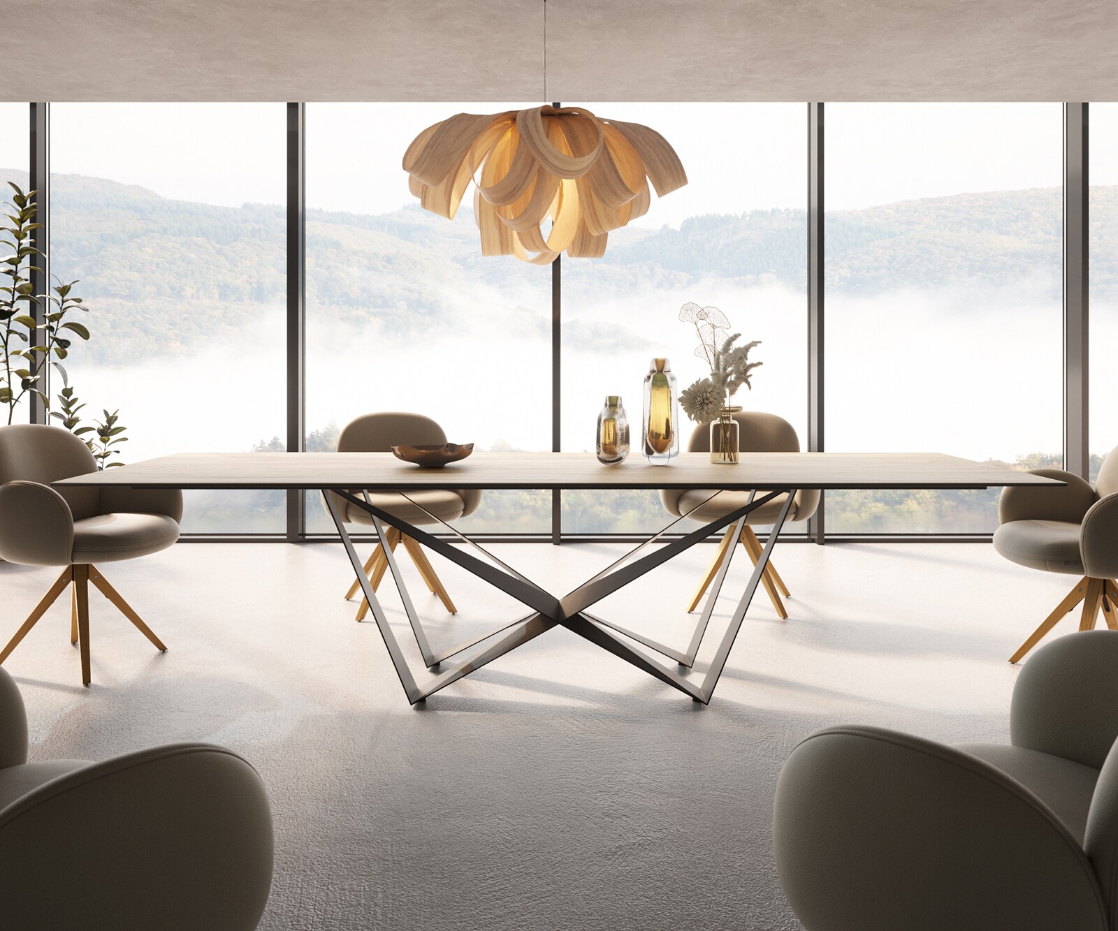 Esstisch Edge 300x100 Keramik Laminam® Sabbia Eichefarbig Spider Flachstahl Schwarz 1