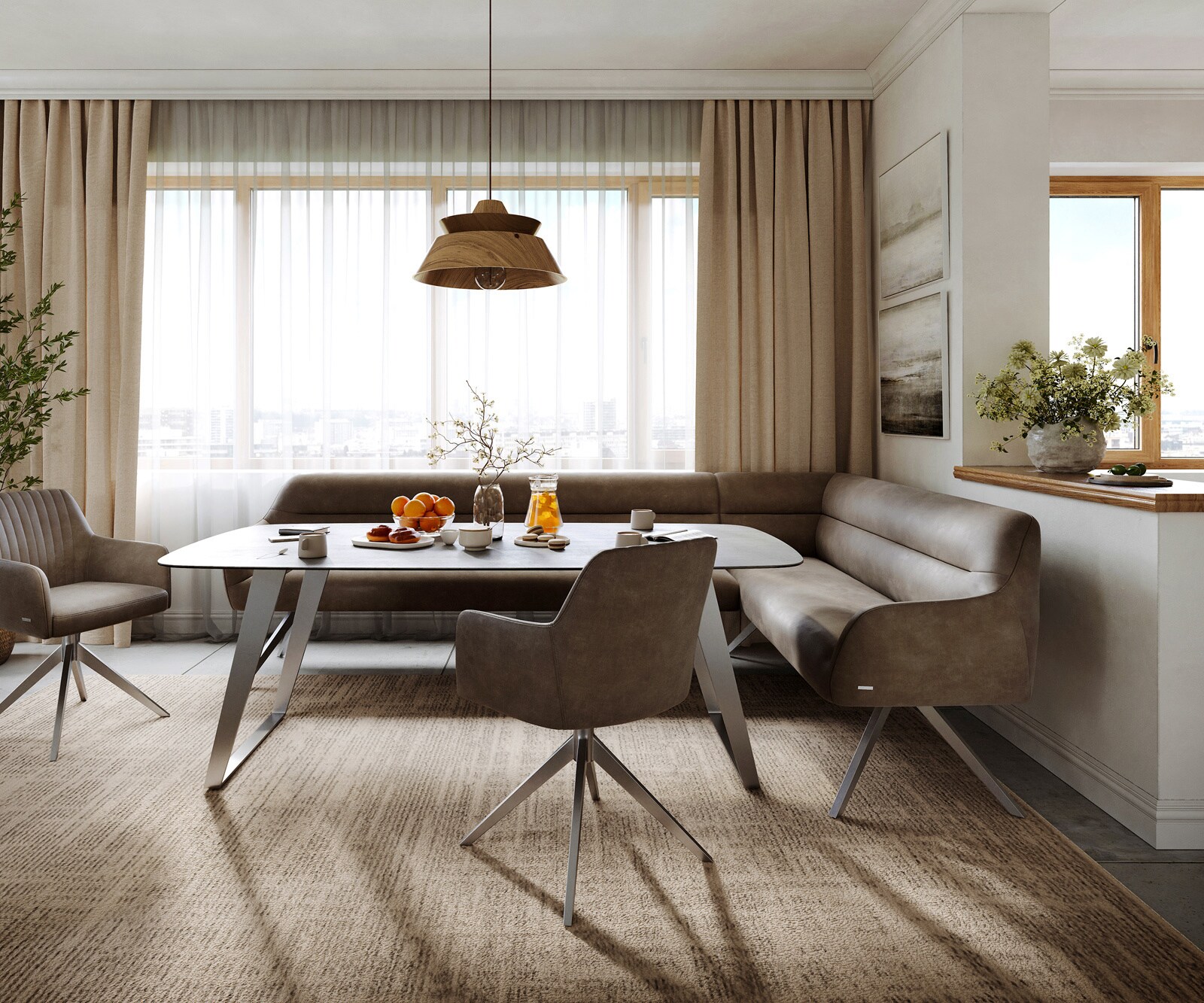 Esszimmerbank Taya-Flex 285x190 cm Mikrofaser Taupe Vintage Kreuzgestell kantig Edelstahl Taschenfederkern Links 2