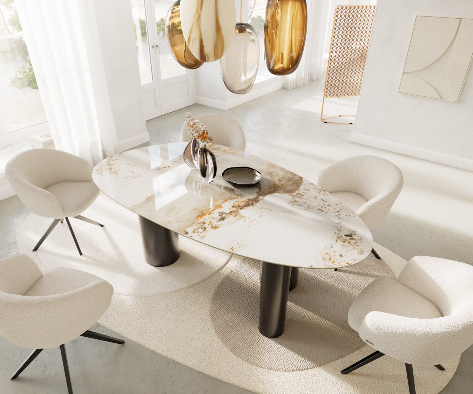 Esstisch Edge Oval 220x120 Keramik Minas Melange Weiß-Beige Pilier Edelstahl Graphit 3