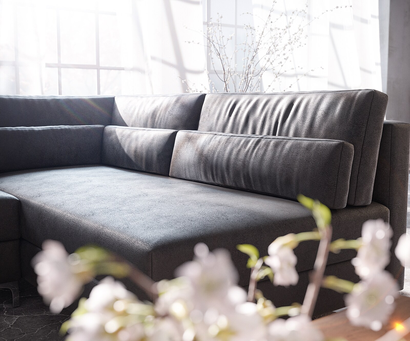 Wohnlandschaft Elio 300x185 cm Lederimitat Vintage Anthrazit mit Hocker 6