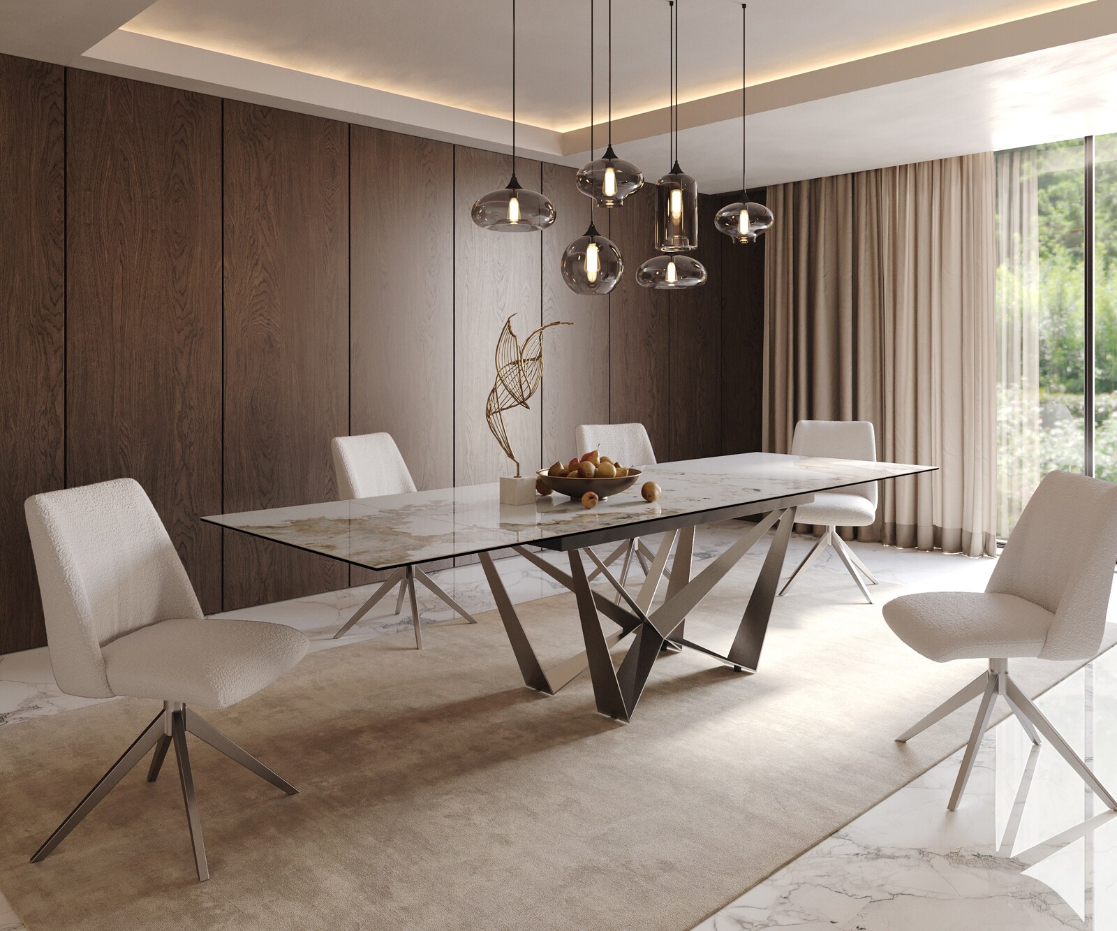 Esstisch Edge 200-300x100 Keramik Minas Melange Weiß-Beige Spider Flachstahl Edelstahl ausziehbar 8