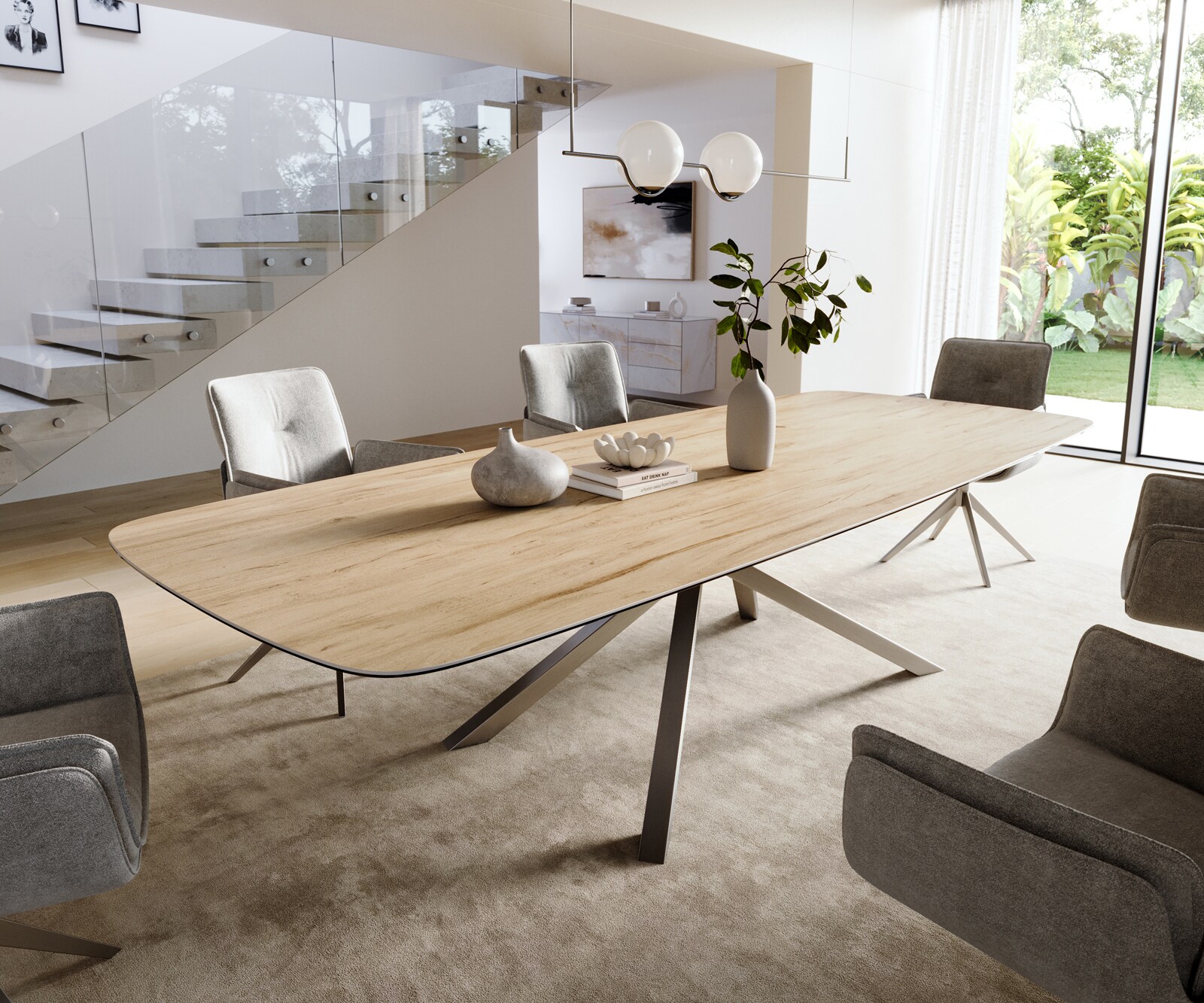 Esstisch Edge Boot 300x120 cm Keramik Laminam® Sabbia Eichefarbig Kreuzgestell Rechteck Edelstahl Graphit 1
