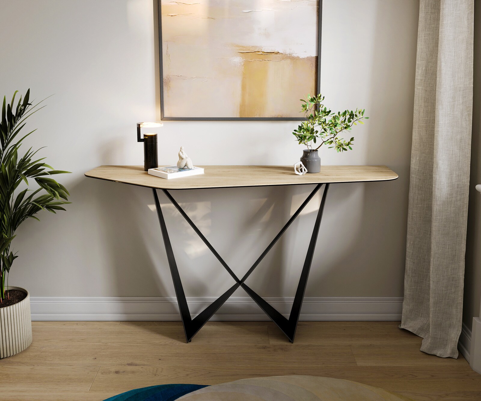 Konsolentisch Edge Polygonal 140x50 cm Keramik Laminam® Sabbia Eichefarbig Spios Metall Schwarz 3