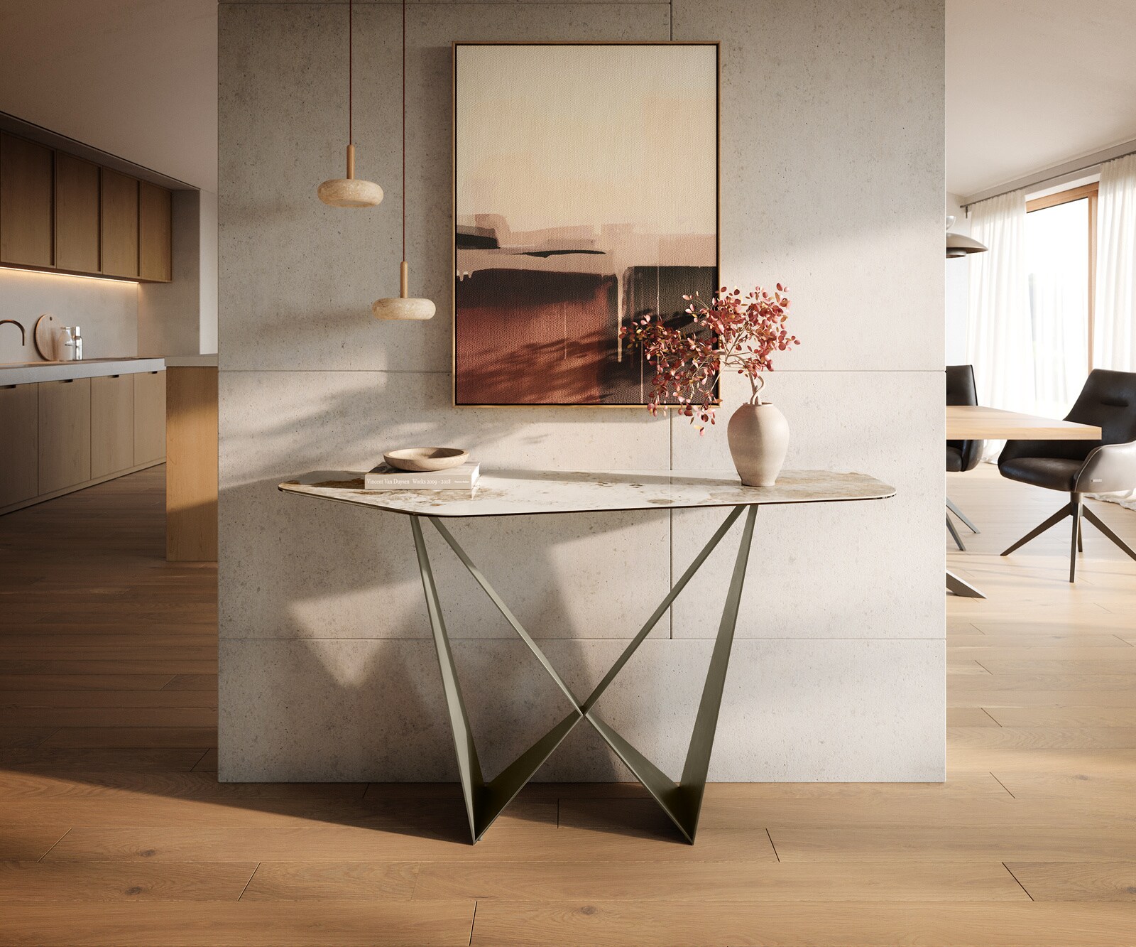 Konsolentisch Edge Polygonal 140x50 cm Keramik Minas Melange Weiß-Beige Spios Metall Effektfinish Titan 3