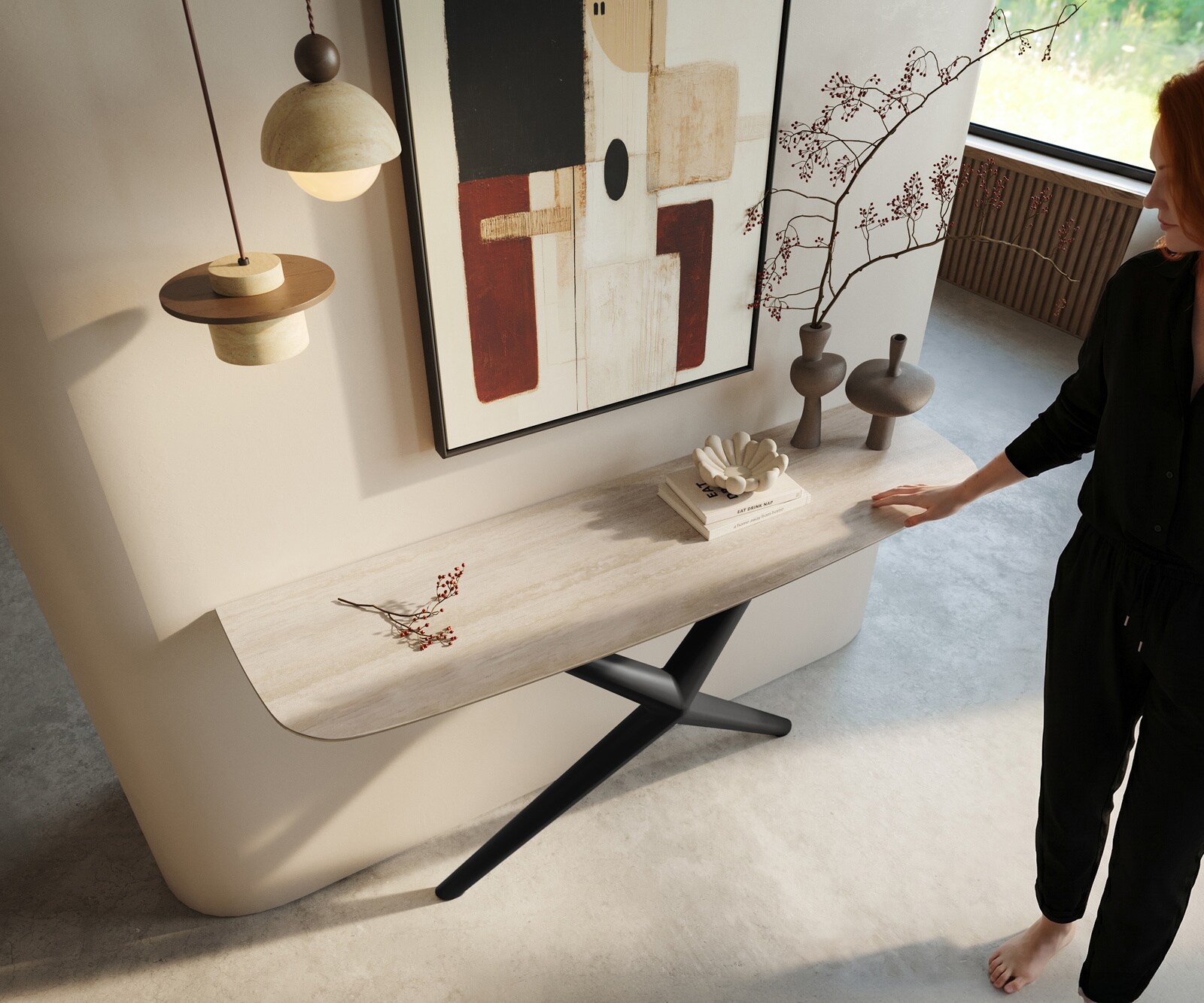 Konsolentisch Edge Boot 140x40 cm Keramik Laminam® Travertino Bianco Creme-Weiß Estelo Metall Schwarz 1