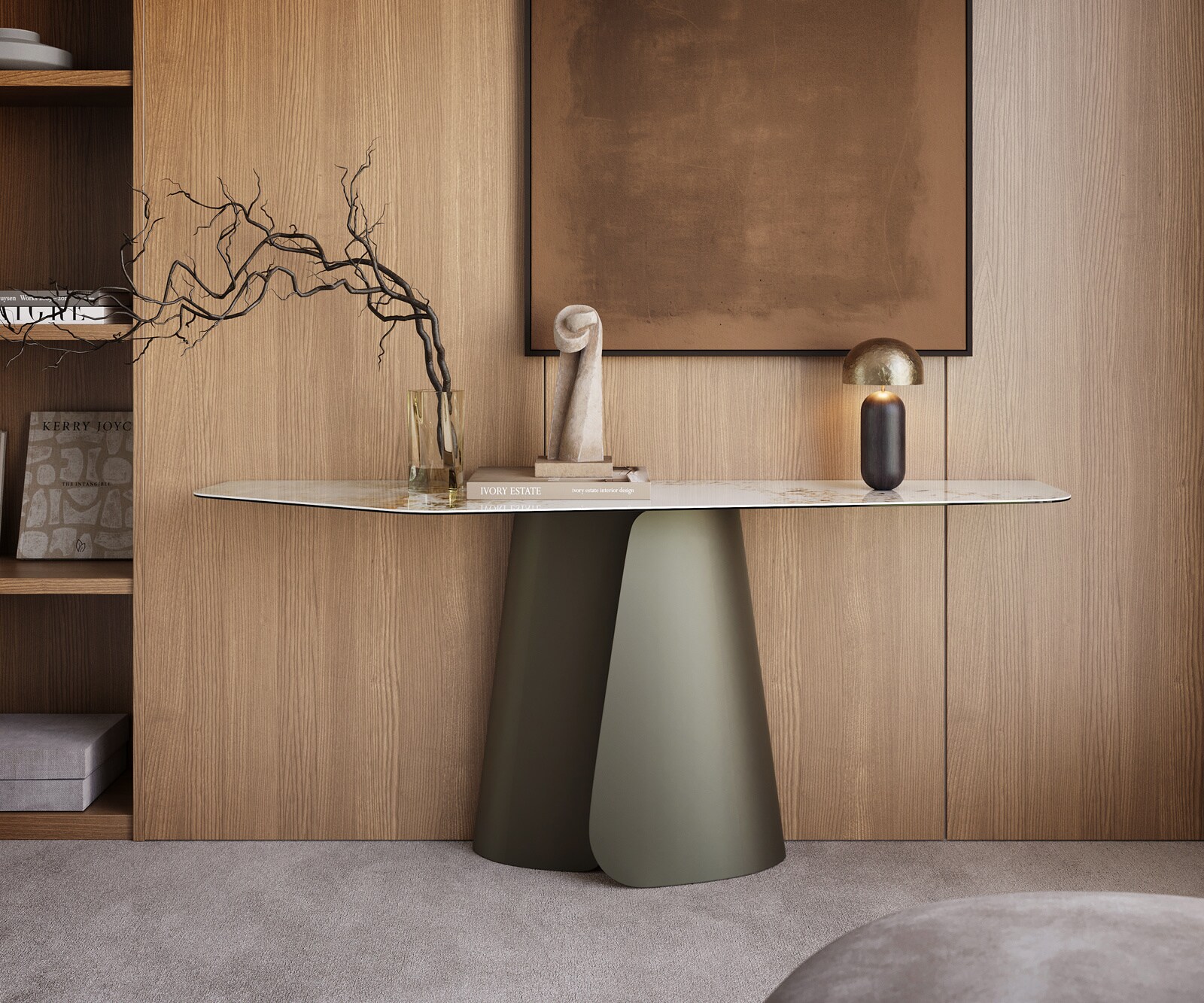 Konsolentisch Edge Polygonal 180x50 cm Keramik Minas Melange Weiß-Beige Livos Metall Effektfinish Titan 3