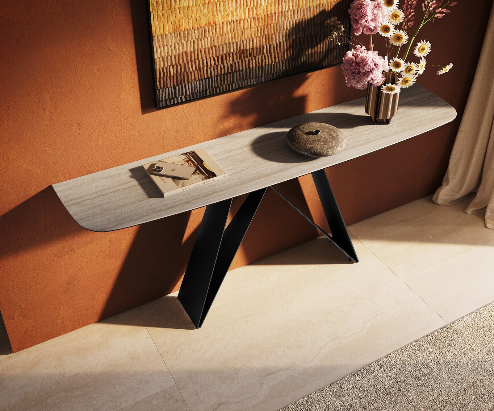 Konsolentisch Edge Boot 180x40 cm Keramik Laminam® Travertino Bianco Creme-Weiß Velio Metall Schwarz 3