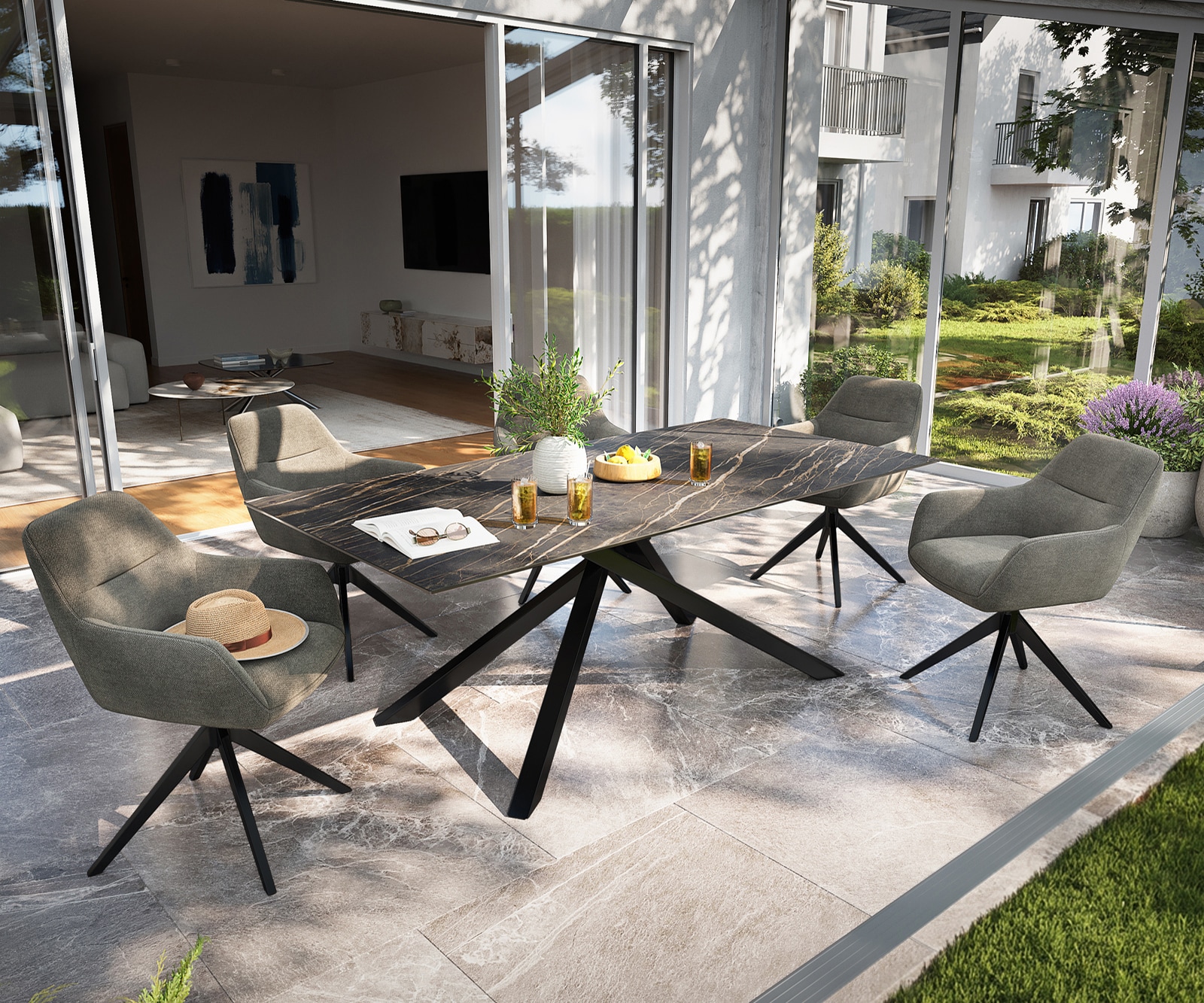 Outdoortisch Edge 200x100 cm Keramik Laminam® Noir Desir Braun Kreuzgestell Rechteck Schwarz