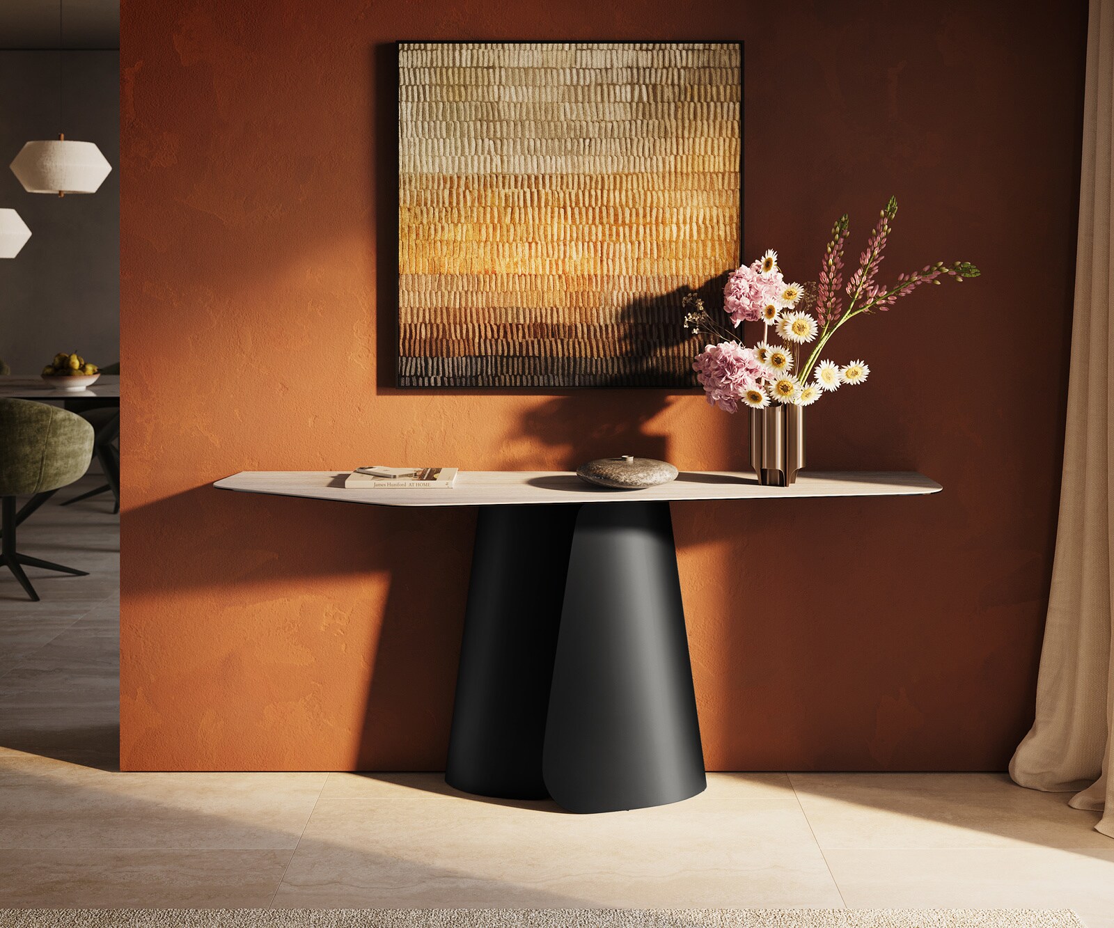 Konsolentisch Edge Polygonal 180x50 cm Keramik Laminam® Travertino Bianco Creme-Weiß Livos Metall Schwarz 1