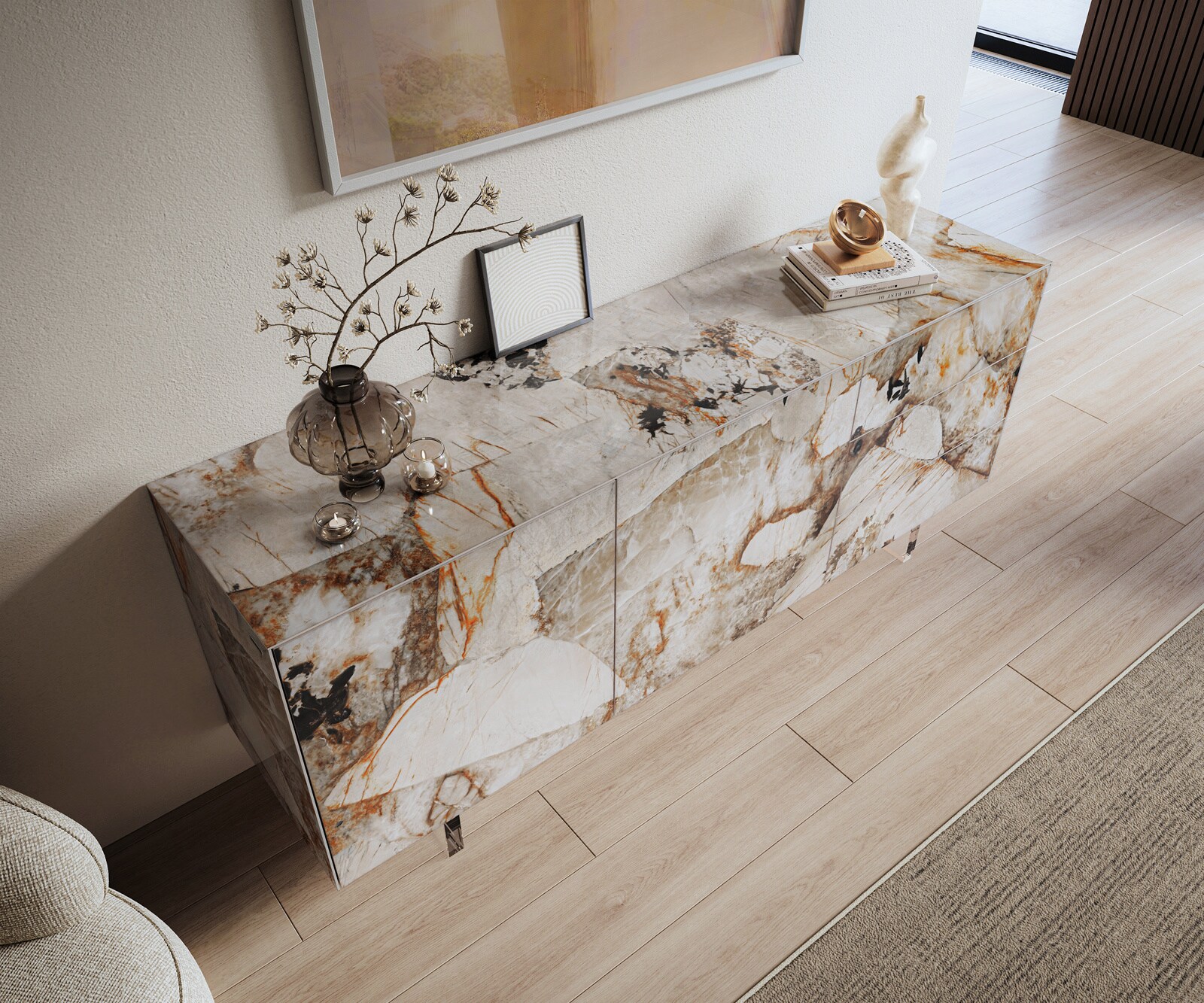Sideboard Cuor 180 cm Keramik Patagonia Poliert 2 Türen 3 Schubfächer Fuß Schwebeoptik Acrylglas 4