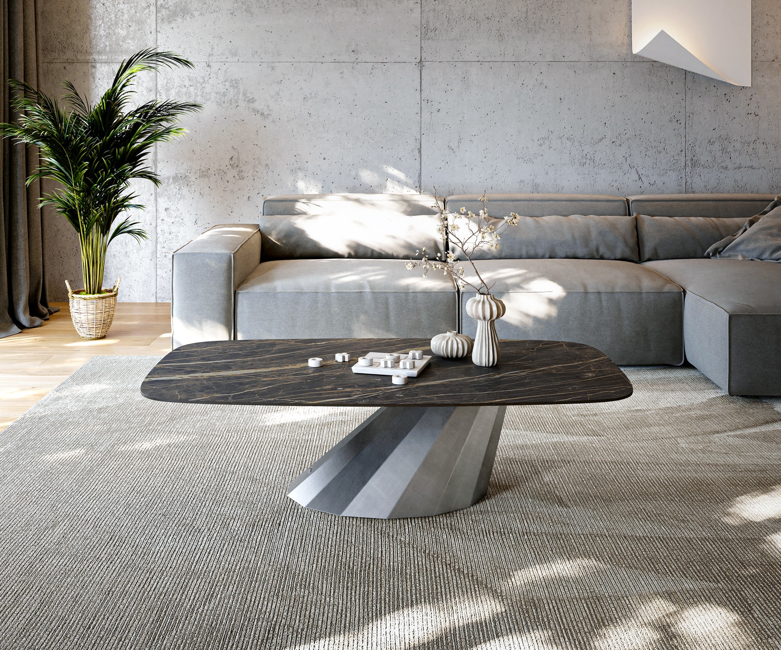 Couchtisch Edge Boot 140x80 cm Keramik Laminam® Noir Desir Braun Parabi Metallic Silber 1