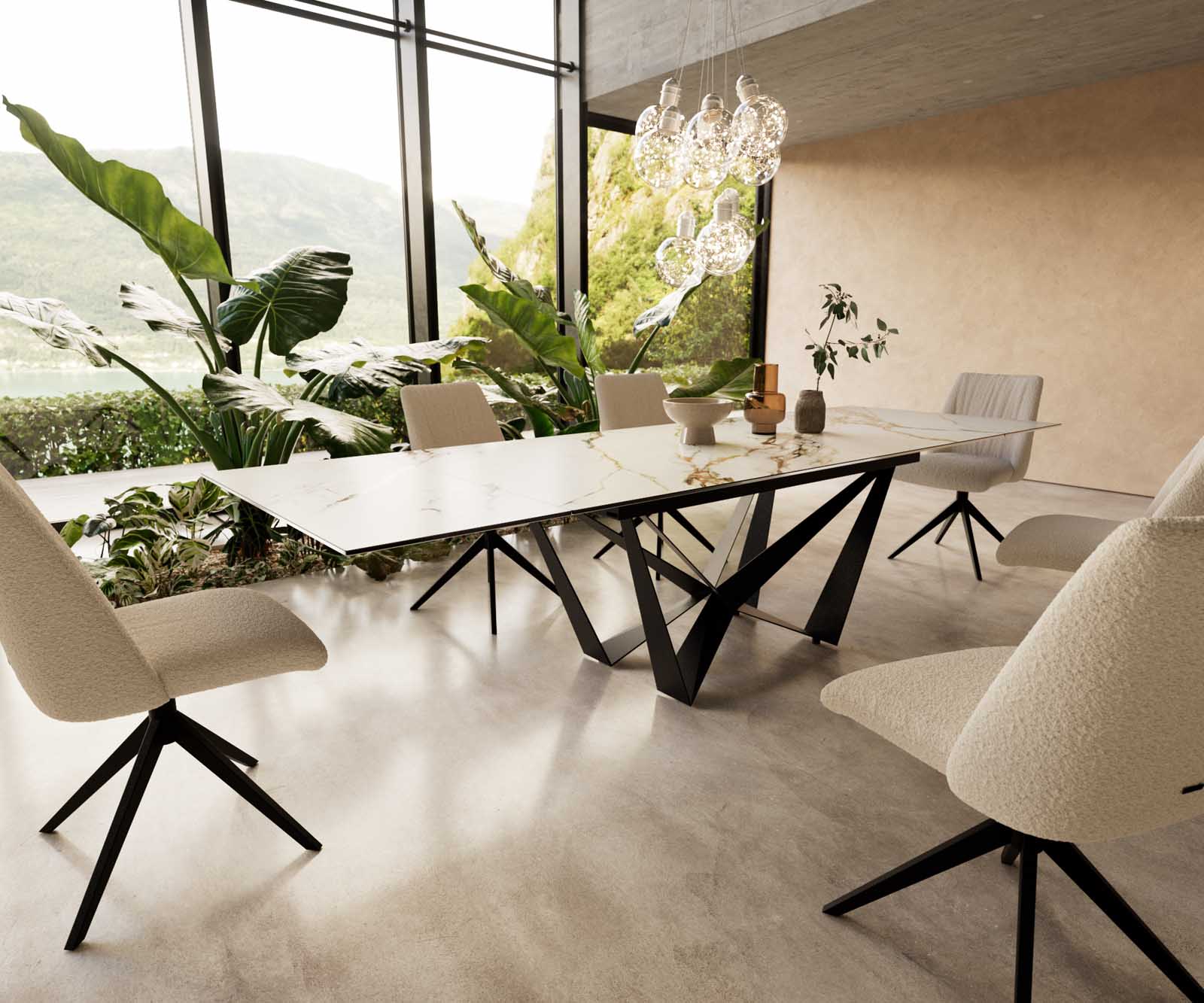 Esstisch Edge 200-300x100 Keramik Calacatta Luxe Weiß-Gold-Grau Spider Flachstahl Schwarz ausziehbar Esstisch Edge 200-300x100 Keramik Calacatta Luxe Weiß-Gold-Grau Spider Flachstahl Schwarz ausziehbar