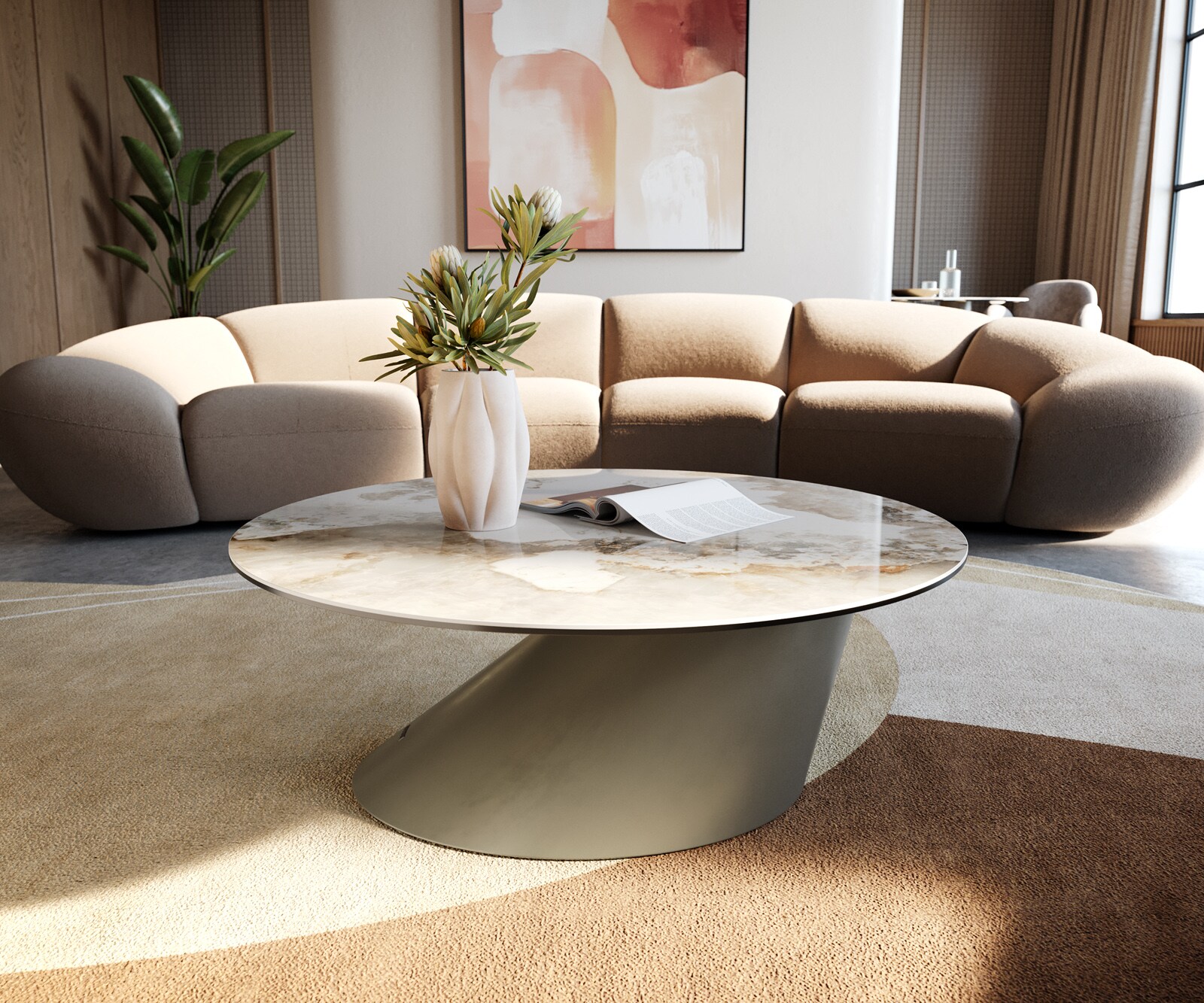 Couchtisch Edge Rund 90x90 cm Keramik Minas Melange Conis Metall Effektfinish Titan 4