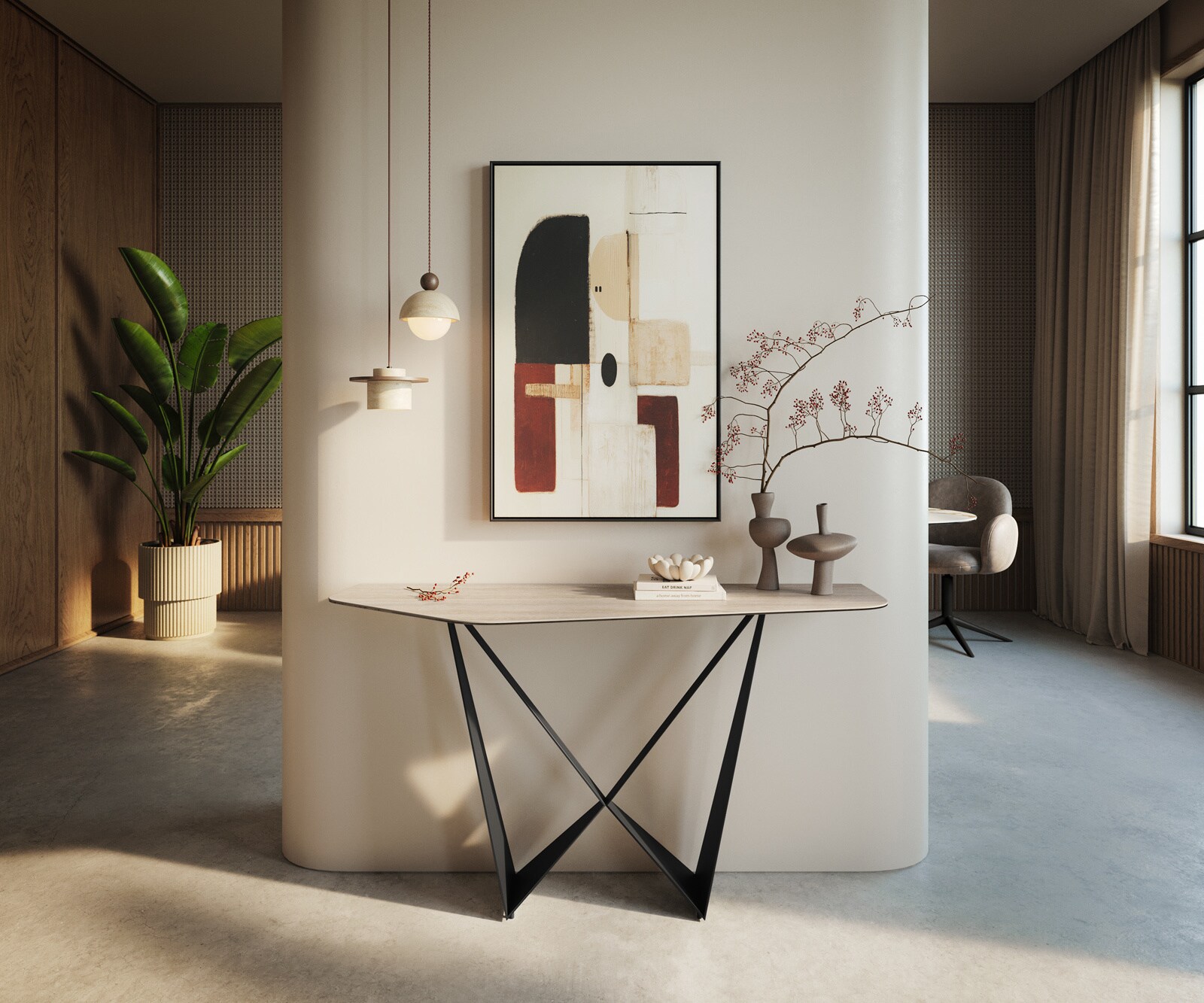 Konsolentisch Edge Polygonal 140x50 cm Keramik Laminam® Travertino Bianco Creme-Weiß Spios Metall Schwarz 4