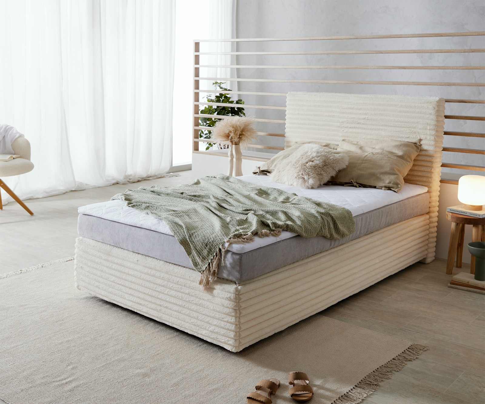 Boxspringbett Dream-Well Plüsch-Cord Beige 120x200 cm Bonell-Matratze PU-Topper 1