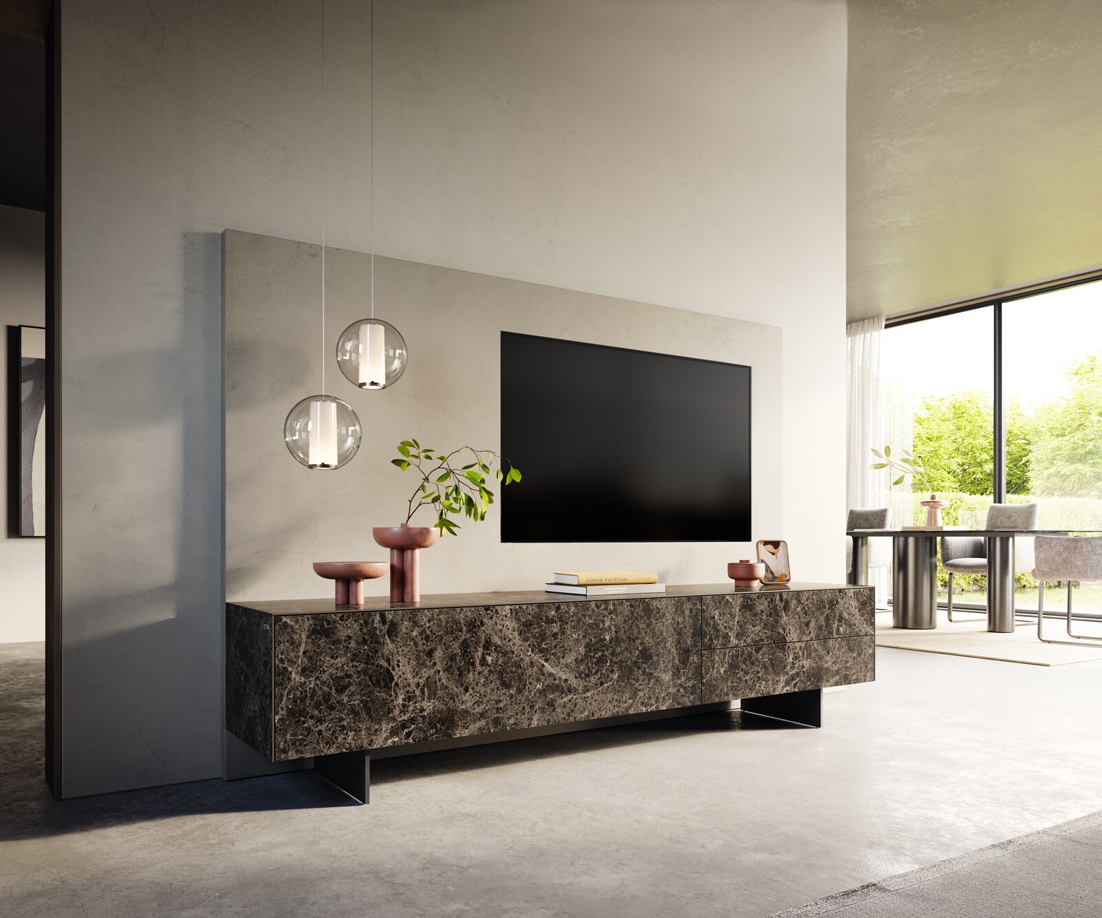 Lowboard Cuor 220 cm Keramik Laminam® Emperador Extra Lucidato Dunkelbraun 1 Klappe 2 Schubfächer Fuß Schwebeoptik Metall Schwarz