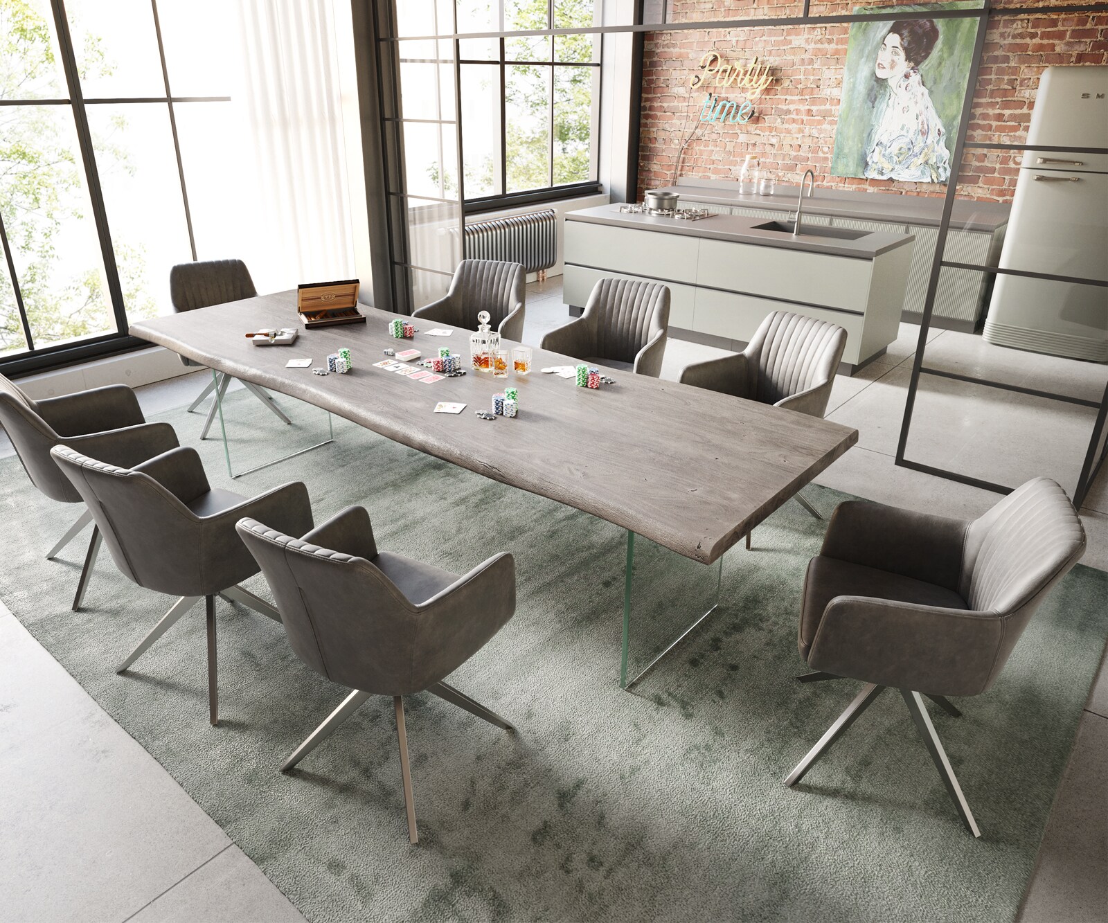 Esstisch Edge 300x100 XL Akazie Platin Glas Live-Edge 4