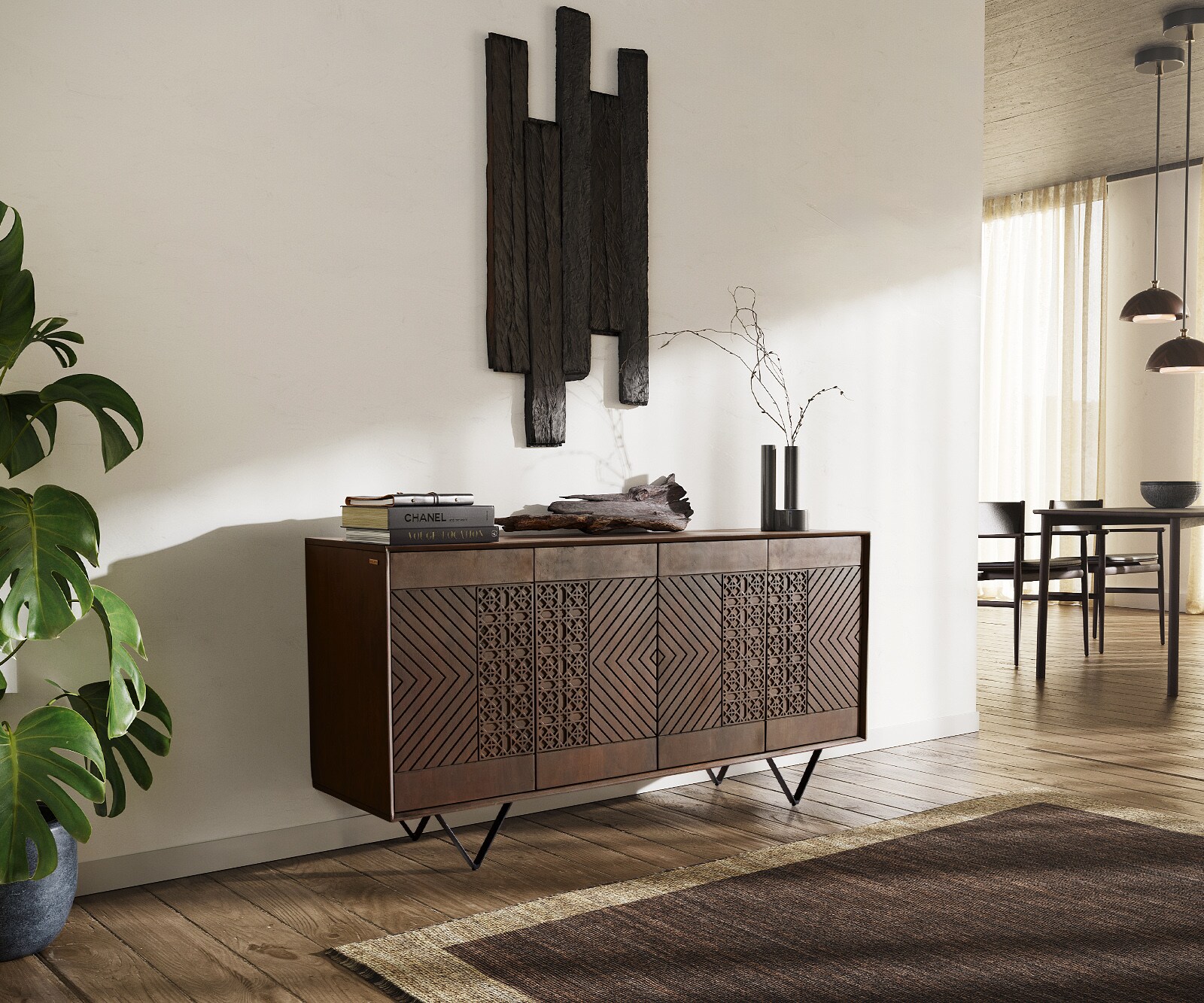 Sideboard Manjula 145 cm Mango Braun 4 Türen V-Fuß Metall Schwarz
