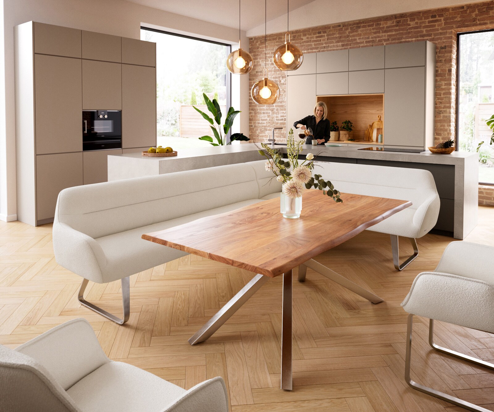 Esszimmerbank Taya-Flex 285x190 cm Bouclé Creme-Weiß Kufengestell flach Edelstahl Taschenfederkern Links 1