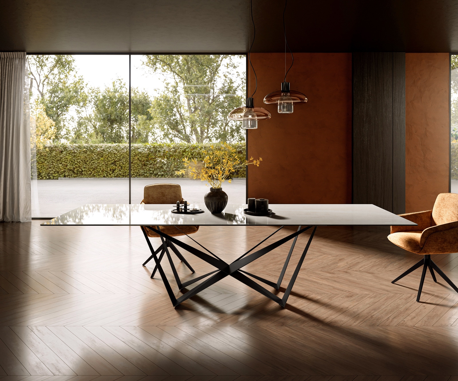 Esstisch Edge 300x100 cm Keramik Onyx Champagne Spider Flachstahl Schwarz 1