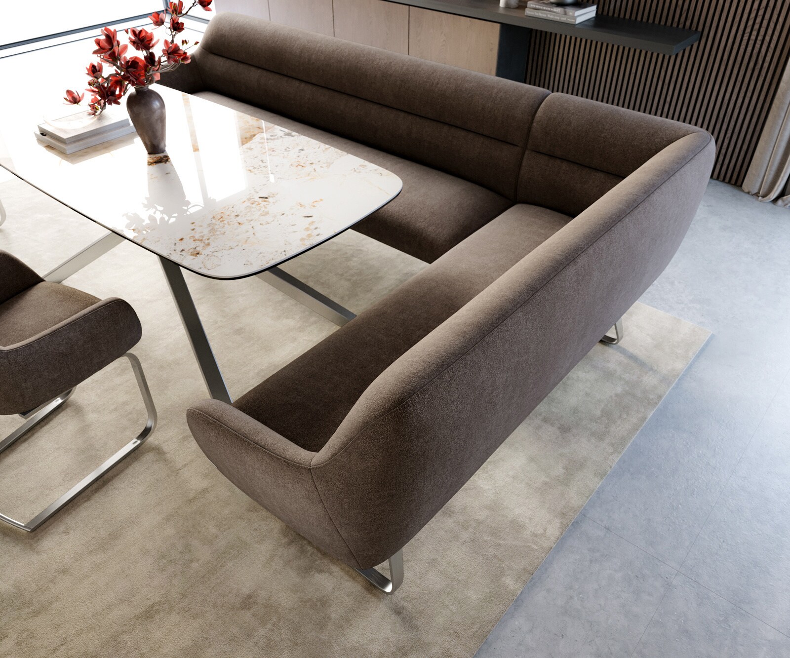 Esszimmerbank Taya-Flex 285x190 cm Strukturstoff Soft Taupe Kufengestell flach Edelstahl Taschenfederkern Links 4