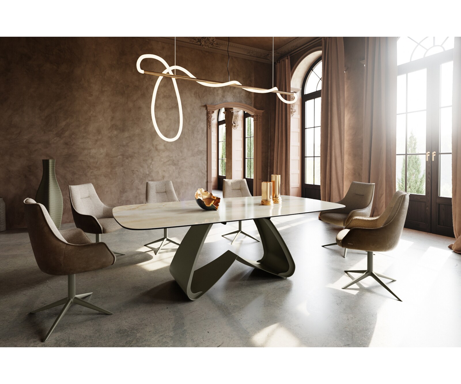 Esstisch Edge Boot 240x120 cm Keramik Iris FMG Onice Oro W-Gestell Metall Effektfinish Titan 6