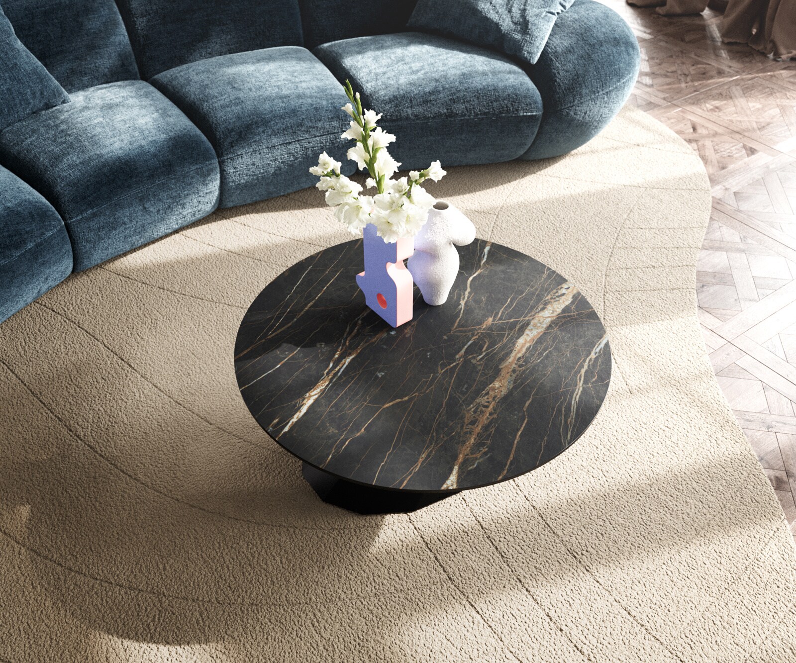 Couchtisch Edge Rund 90x90 cm Keramik Laminam® Noir Desir Braun Parabi Metall Schwarz 3