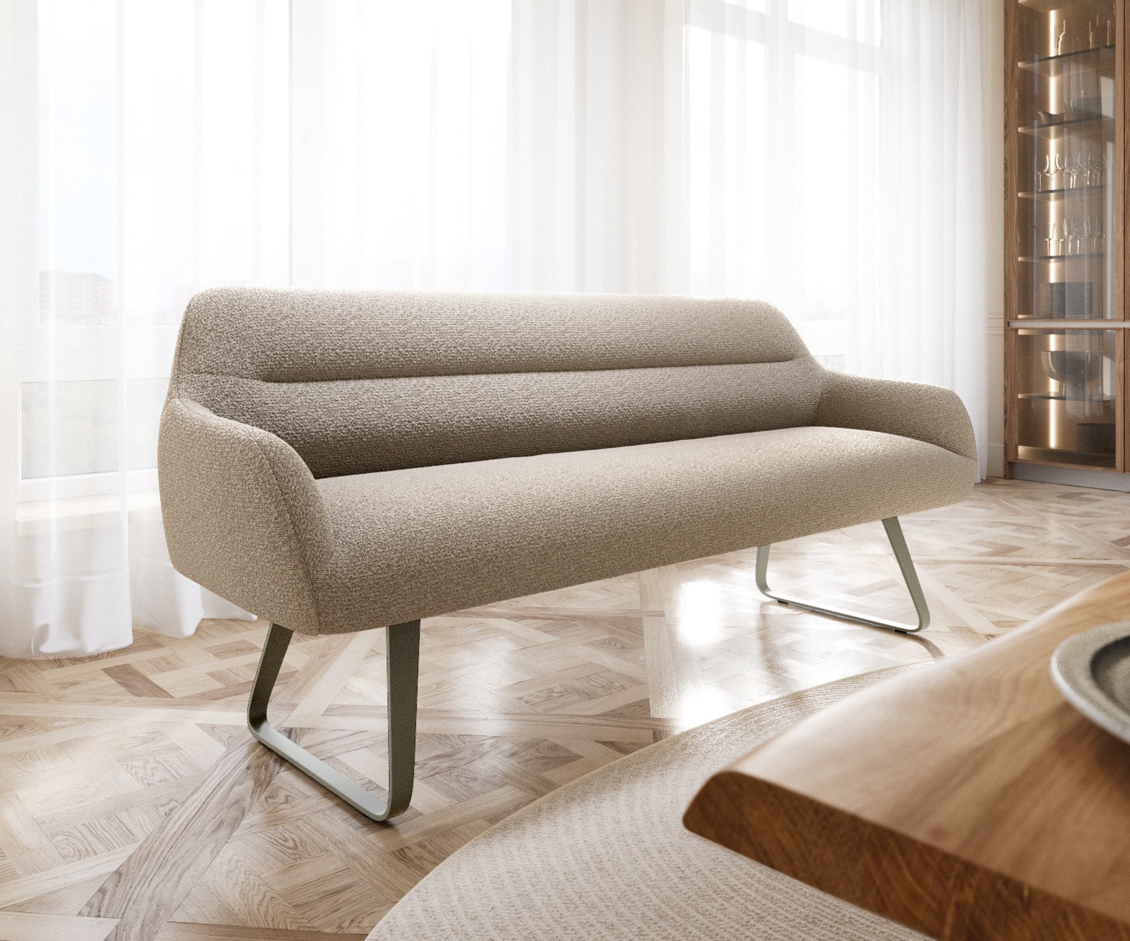 Esszimmerbank Taya-Flex 200 cm Bouclé Schlamm Kufengestell flach Effektfinish Titan Taschenfederkern 1