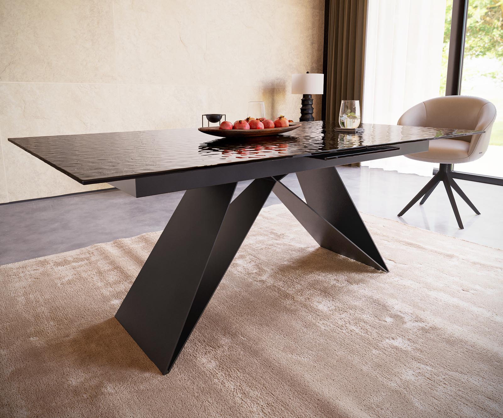 Esstisch Edge 180-220x100 Reliefglas Rauchschwarz 3D-Design V-Gestell Flachstahl Schwarz ausziehbar 5