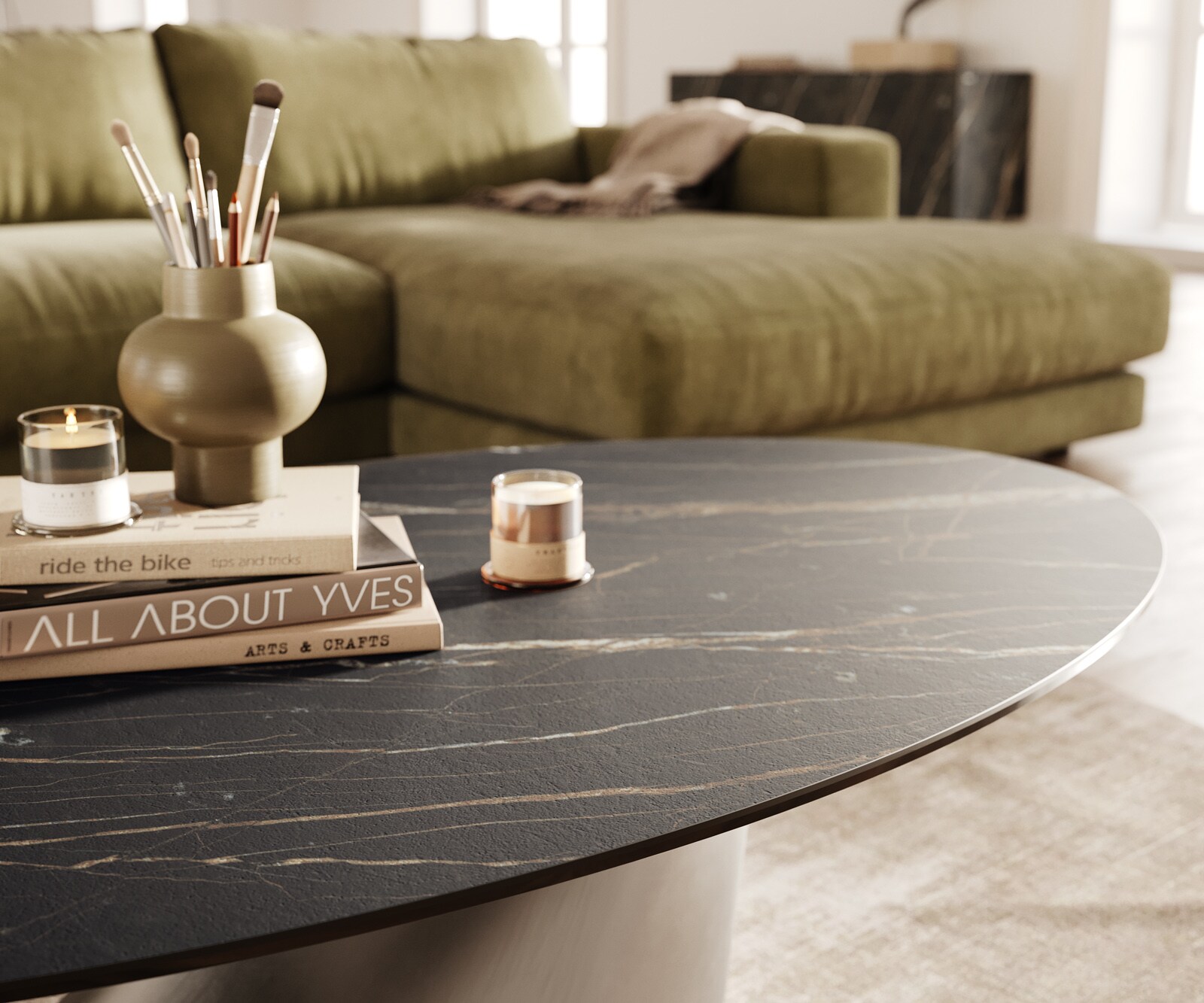 Couchtisch Edge Oval 140x80 cm Keramik Laminam® Noir Desir Braun Conis Edelstahl gebürstet 6