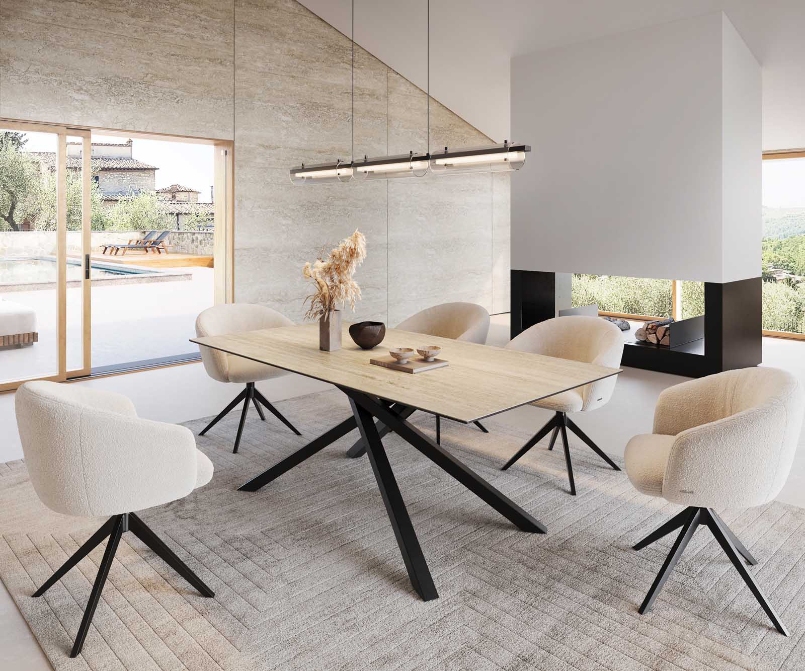 Esstisch Edge 200x100 Keramik Travertin Natur Kreuzgestell Rechteck Schwarz 7