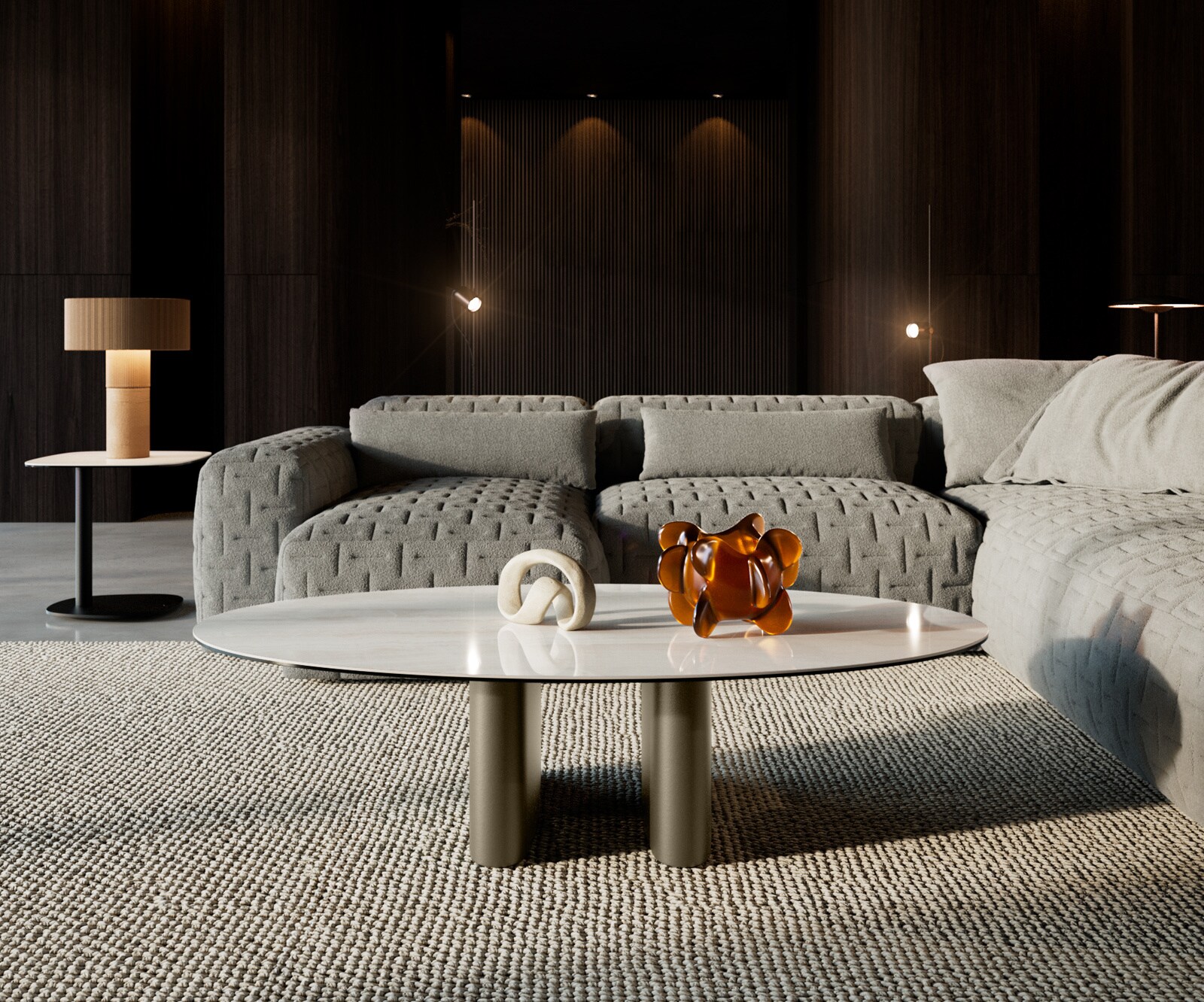 Couchtisch Edge Oval 140x80 cm Keramik Onyx Champagne Ovada Effektfinish Titan 1