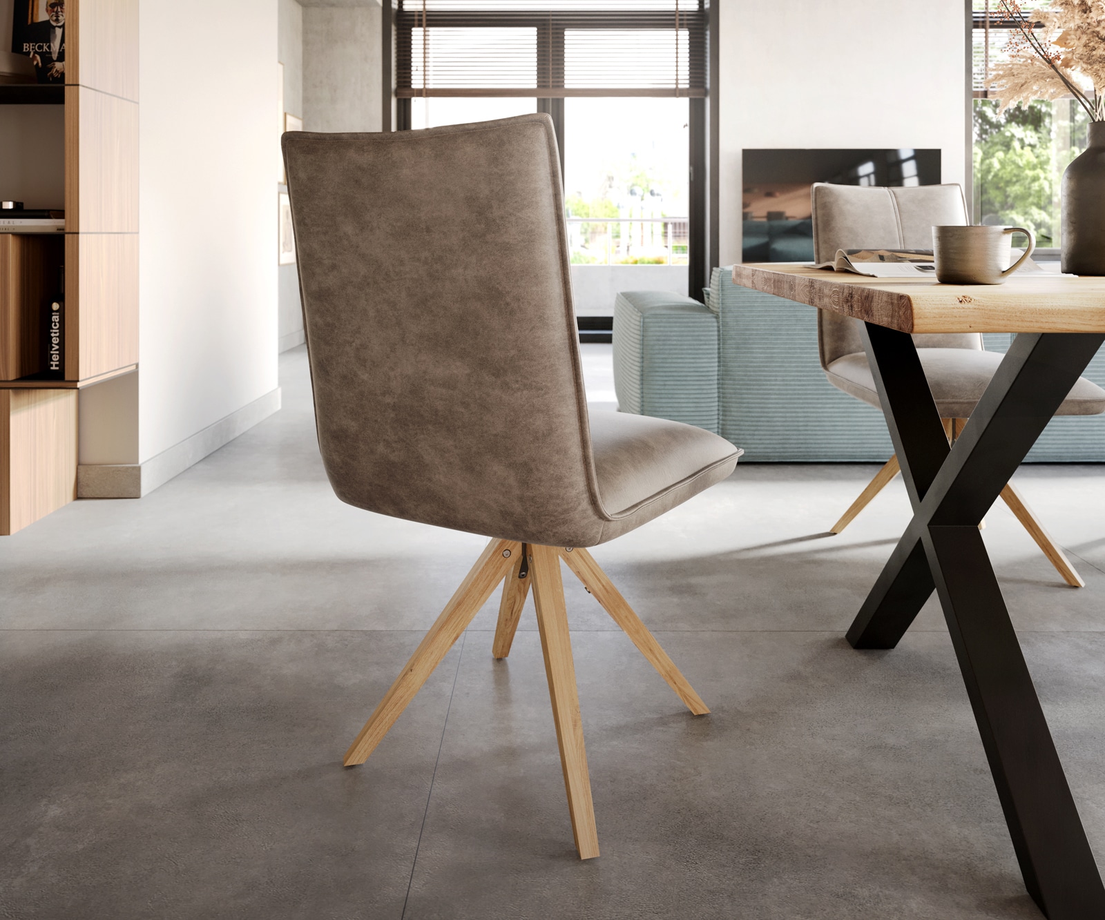 Esszimmerstuhl Lelio-Flex Mikrofaser Taupe Vintage Holzgestell kantig Natur Taschenfederkern 5