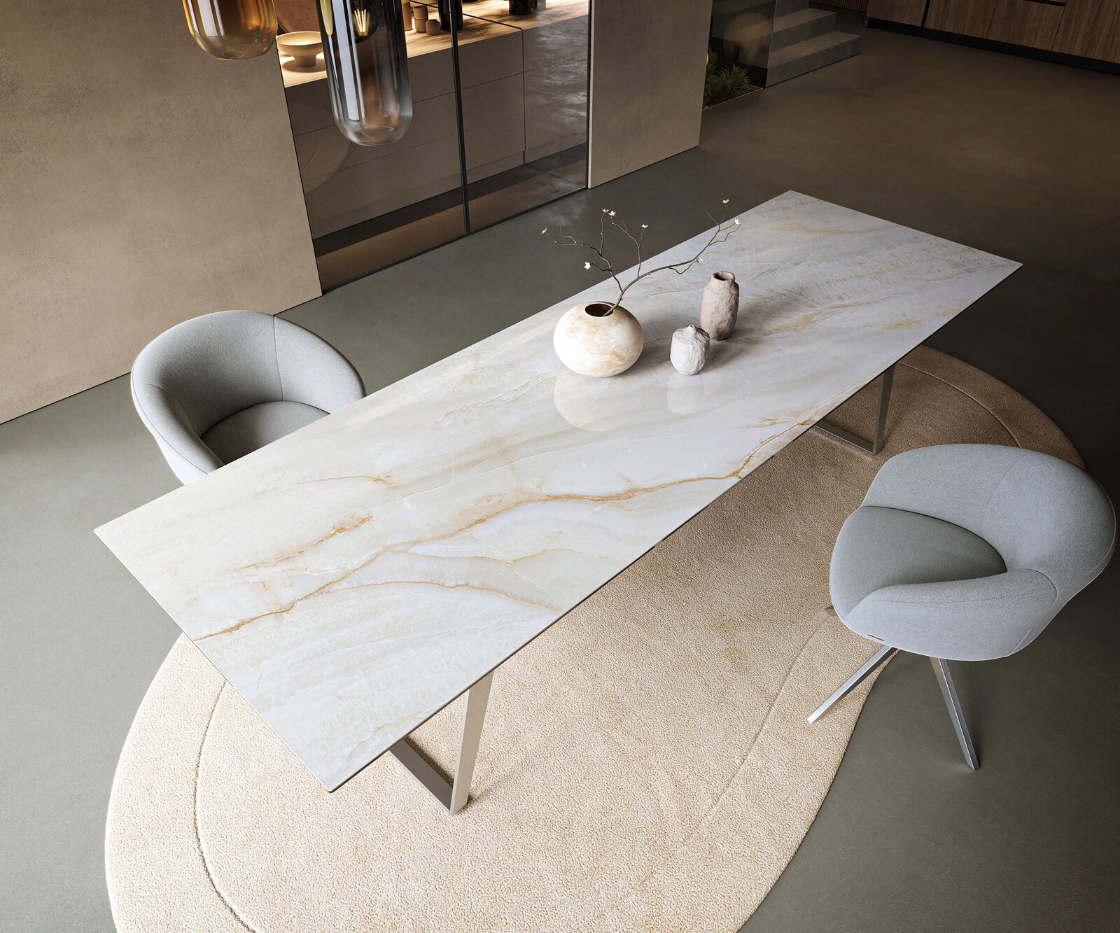 Esstisch Edge 300x100 cm Keramik Onyx Pearl Edelstahl Schräg 3