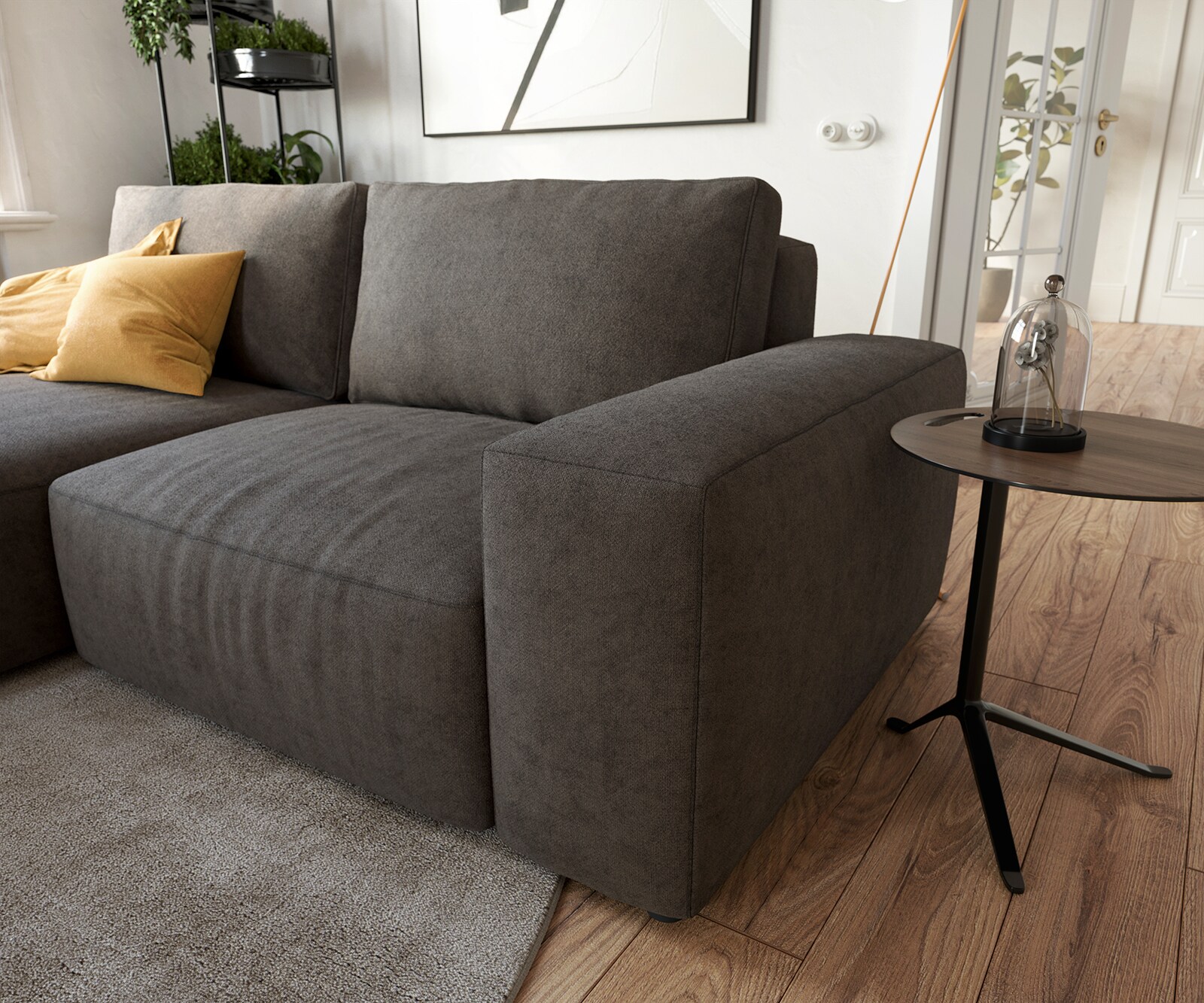 Ecksofa Lanzo 230x155 cm Mikrofaser Khakibraun Recamiere variabel mit Hocker 3