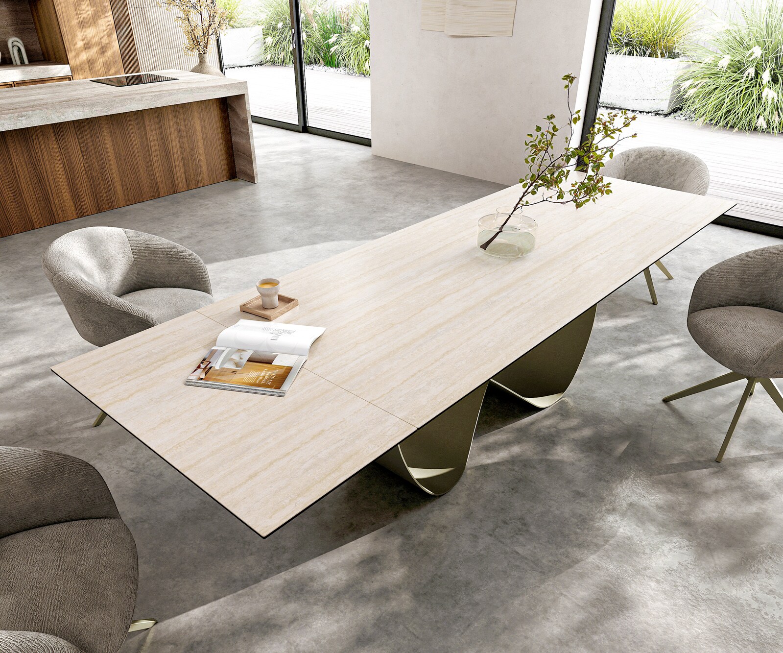 Esstisch Edge 200-300x100 Keramik Laminam® Travertino Bianco Creme-Weiß Infinity Metall Effektfinish Titan ausziehbar 3