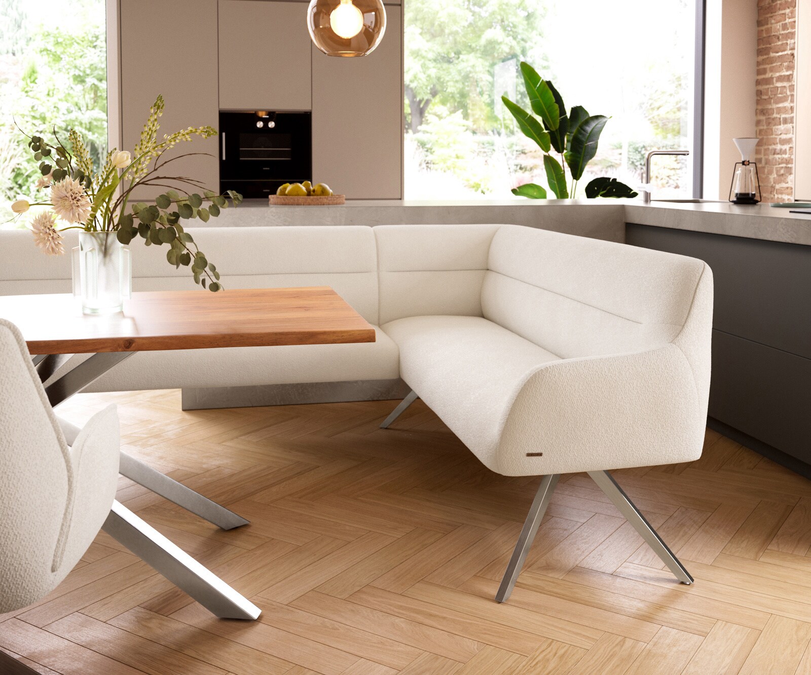 Esszimmerbank Taya-Flex 285x190 cm Bouclé Creme-Weiß Kreuzgestell kantig Edelstahl Taschenfederkern Links 4