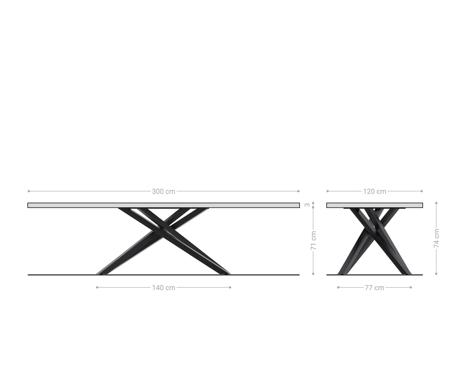 Esstisch Edge Boot 300x120x2,5-3 Eiche Natur Kreuzgestell Rechteck Edelstahl Schweizer Kante 7