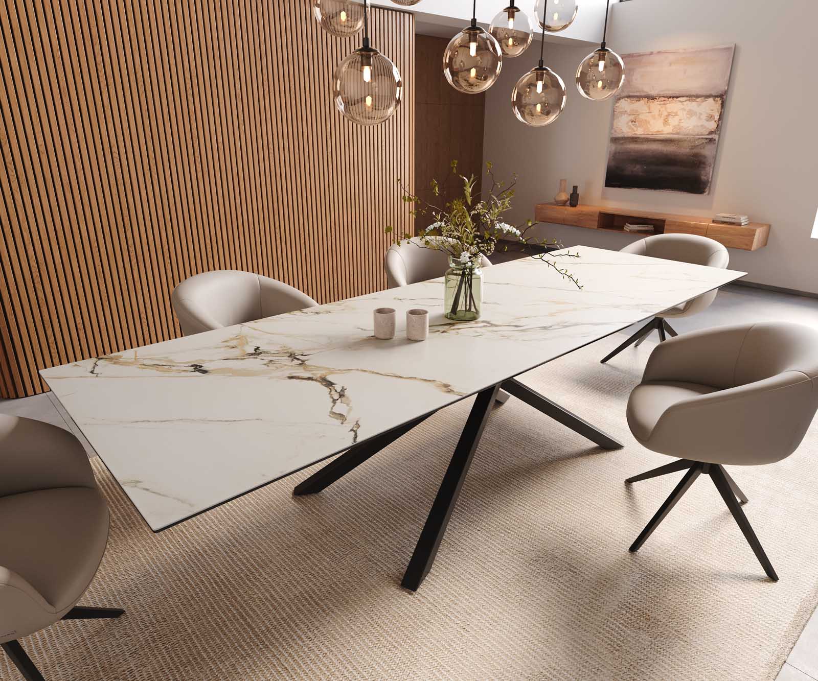 Delife Esstisch Edge 300x100 Keramik Calacatta Luxe Weiß-Gold-Grau Kreuzgestell Rechteck Schwarz