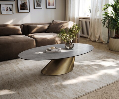 Couchtisch Edge Oval 135x80 cm Keramik Beton Grau Conis Metallic Gold