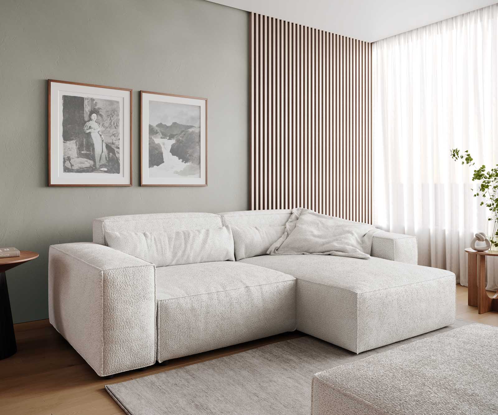 DELIFE Ecksofa Sirpio 230x150 cm Bouclé Creme-Weiß Recamiere variabel mit Hocker