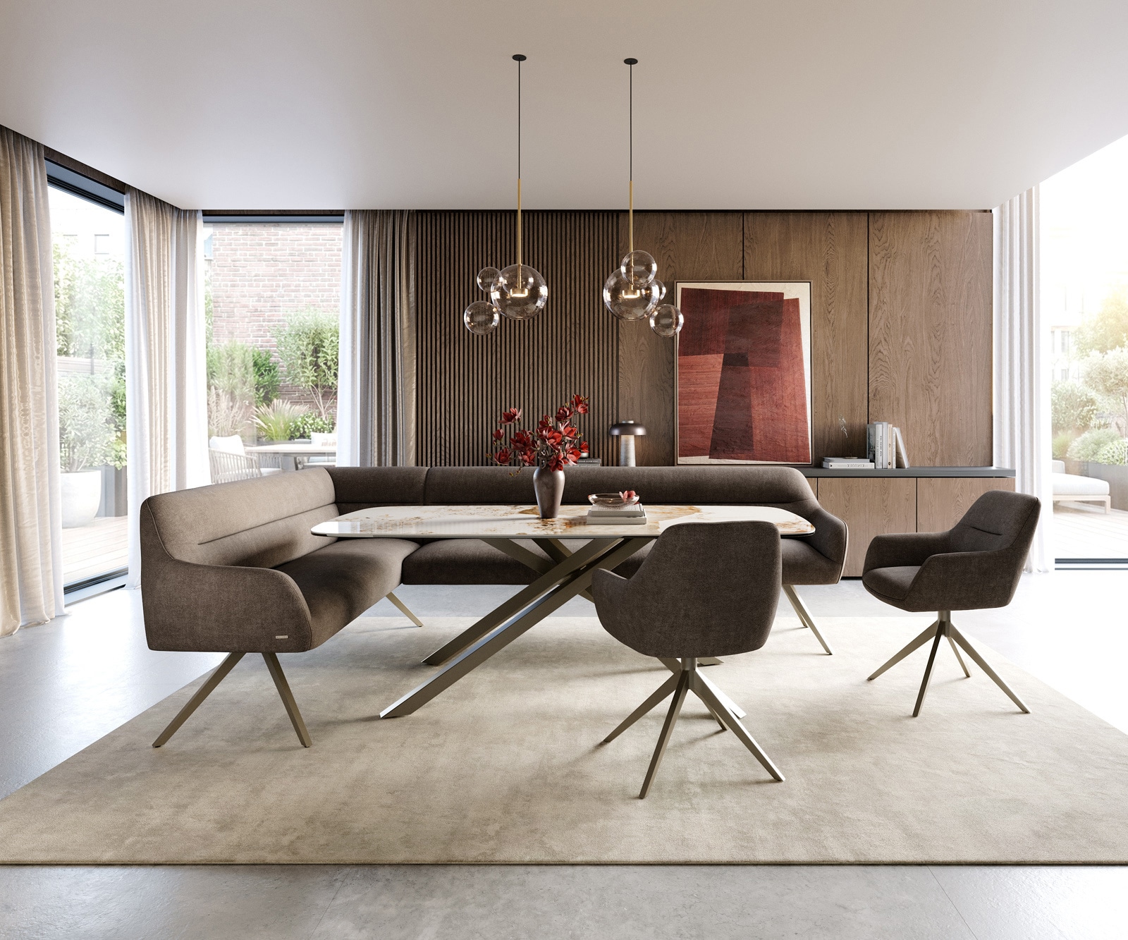 Esszimmerbank Taya-Flex 285x190 cm Strukturstoff Soft Taupe Kreuzgestell kantig Effektfinish Titan Taschenfederkern Rechts 1