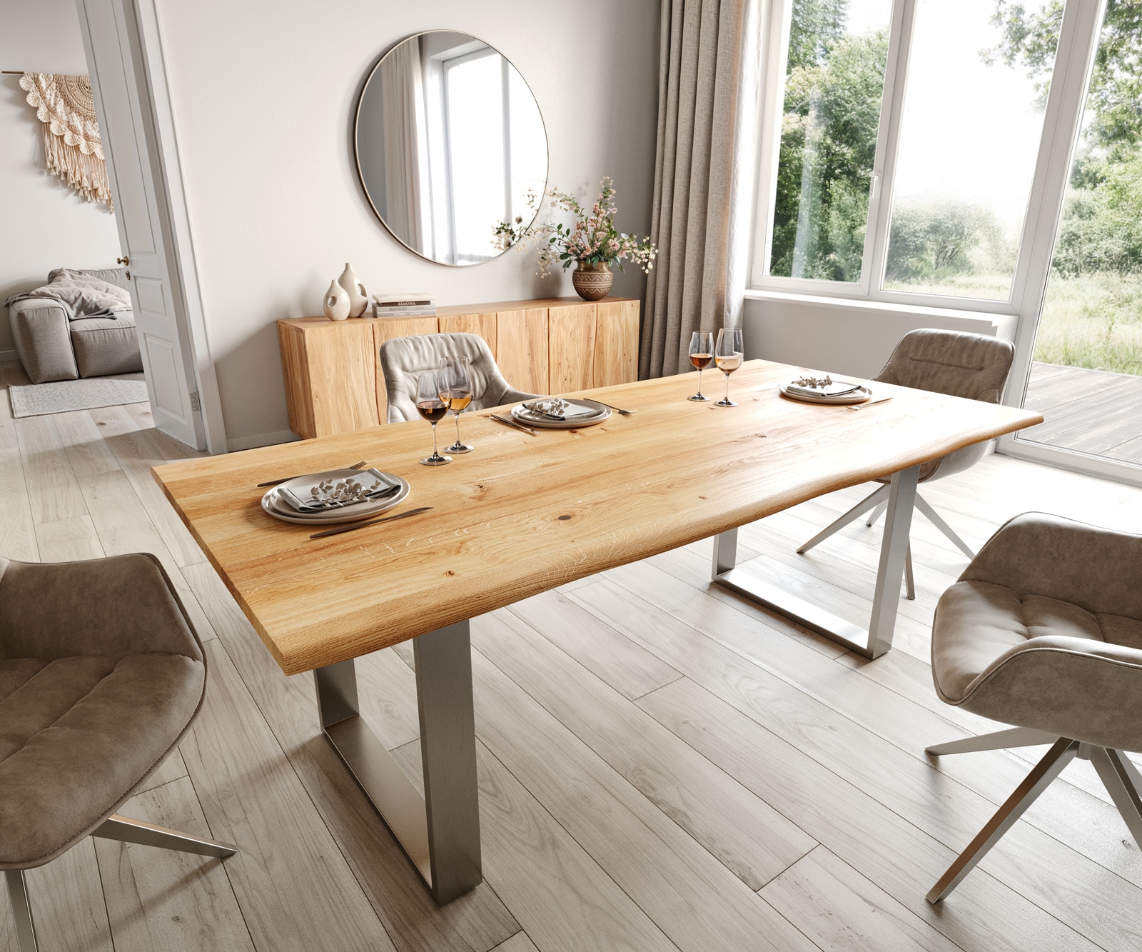 Esstisch Edge 200x100x2,5-3 Eiche Natur Edelstahl schmal Live-Edge Esstisch Edge 200x100x2,5-3 Eiche Natur Edelstahl schmal Live-Edge